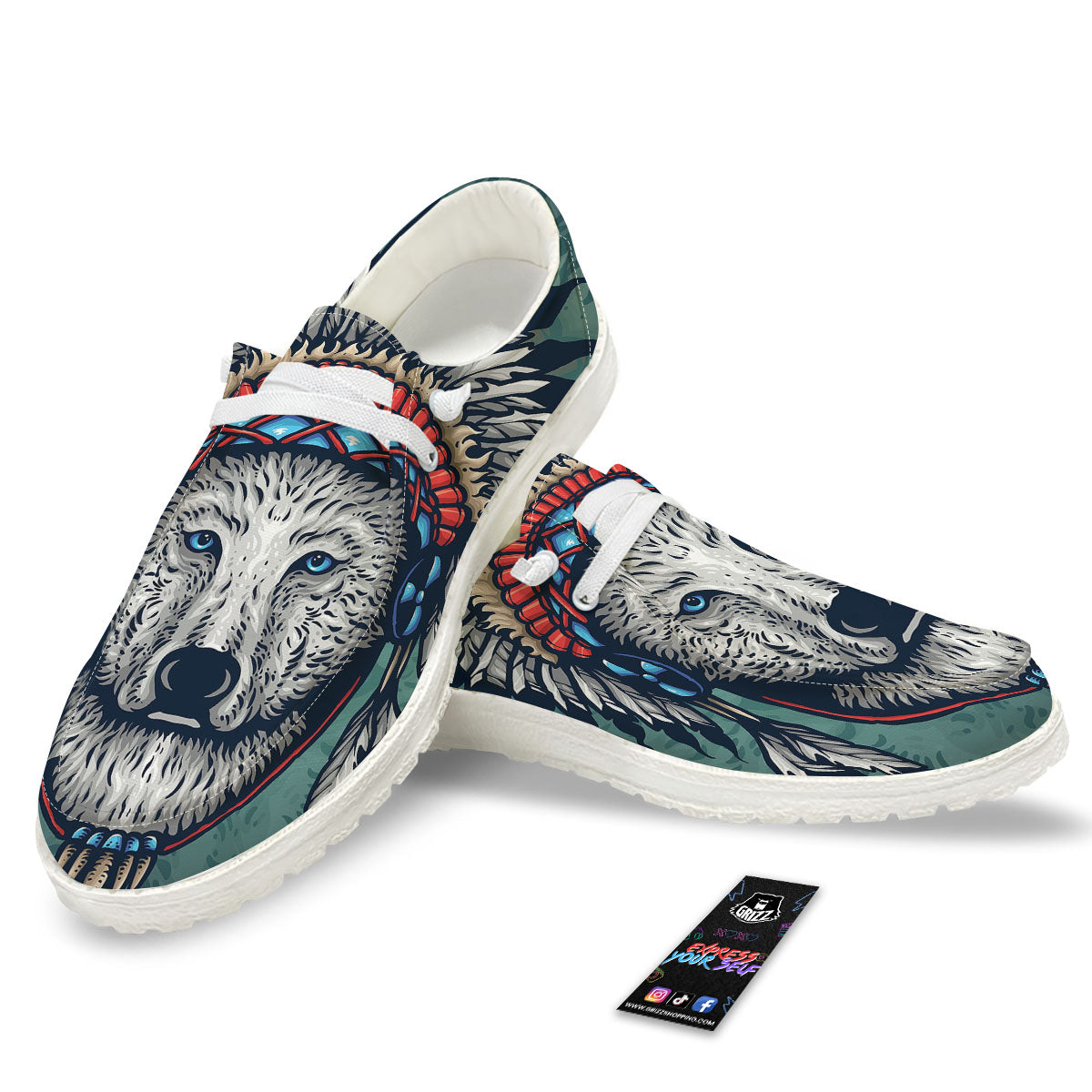 Spirit Animal Native American Wolf Print White Loafers-grizzshop