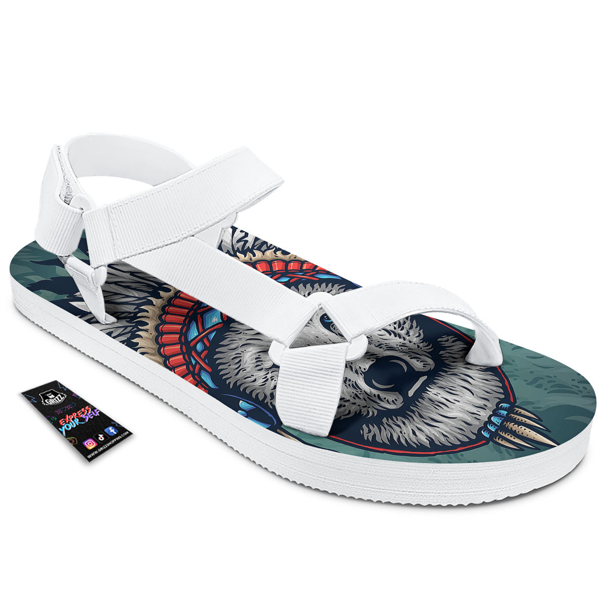 Spirit Animal Native American Wolf Print White Open Toe Sandals-grizzshop