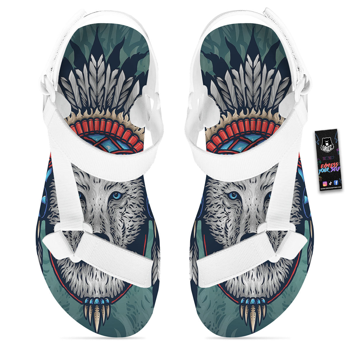 Spirit Animal Native American Wolf Print White Open Toe Sandals-grizzshop