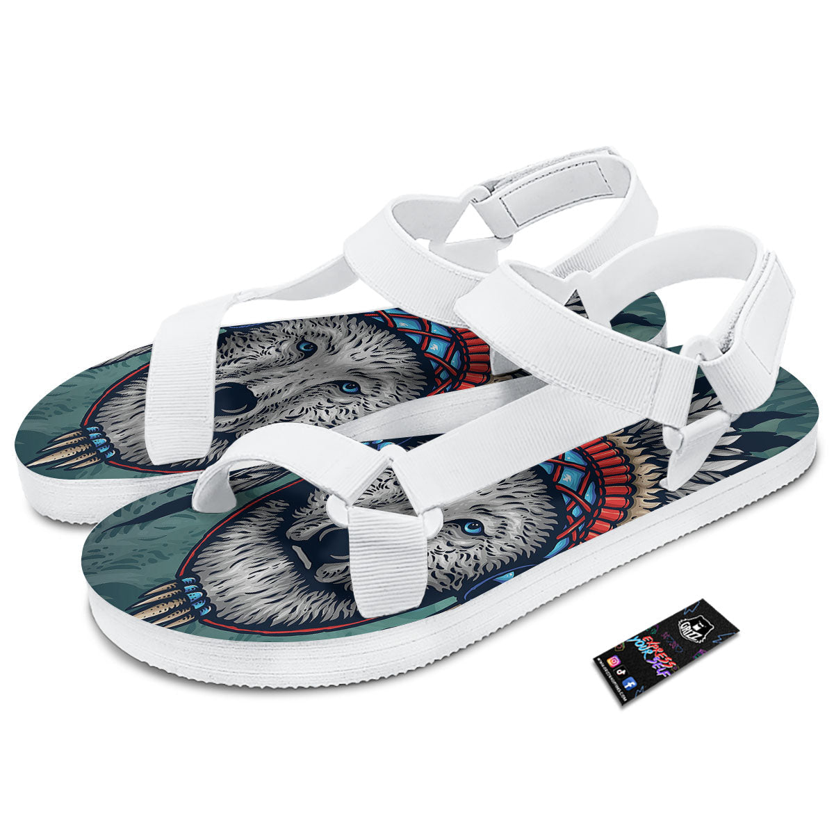 Spirit Animal Native American Wolf Print White Open Toe Sandals-grizzshop