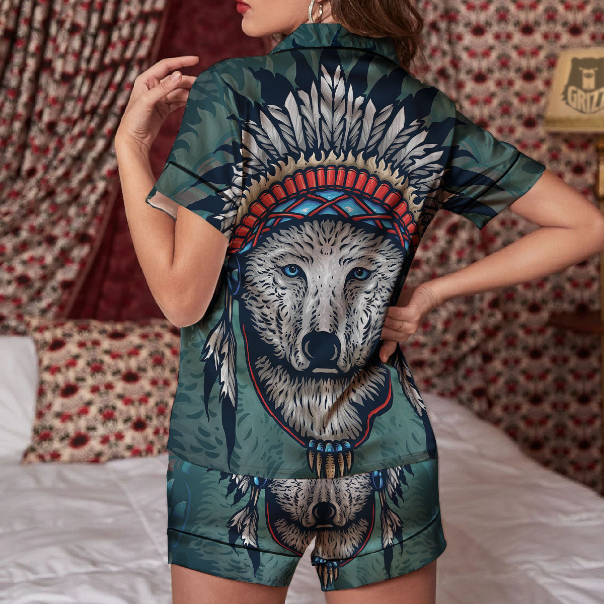 Spirit Animal Native American Wolf Print Women Silk Pajamas-grizzshop