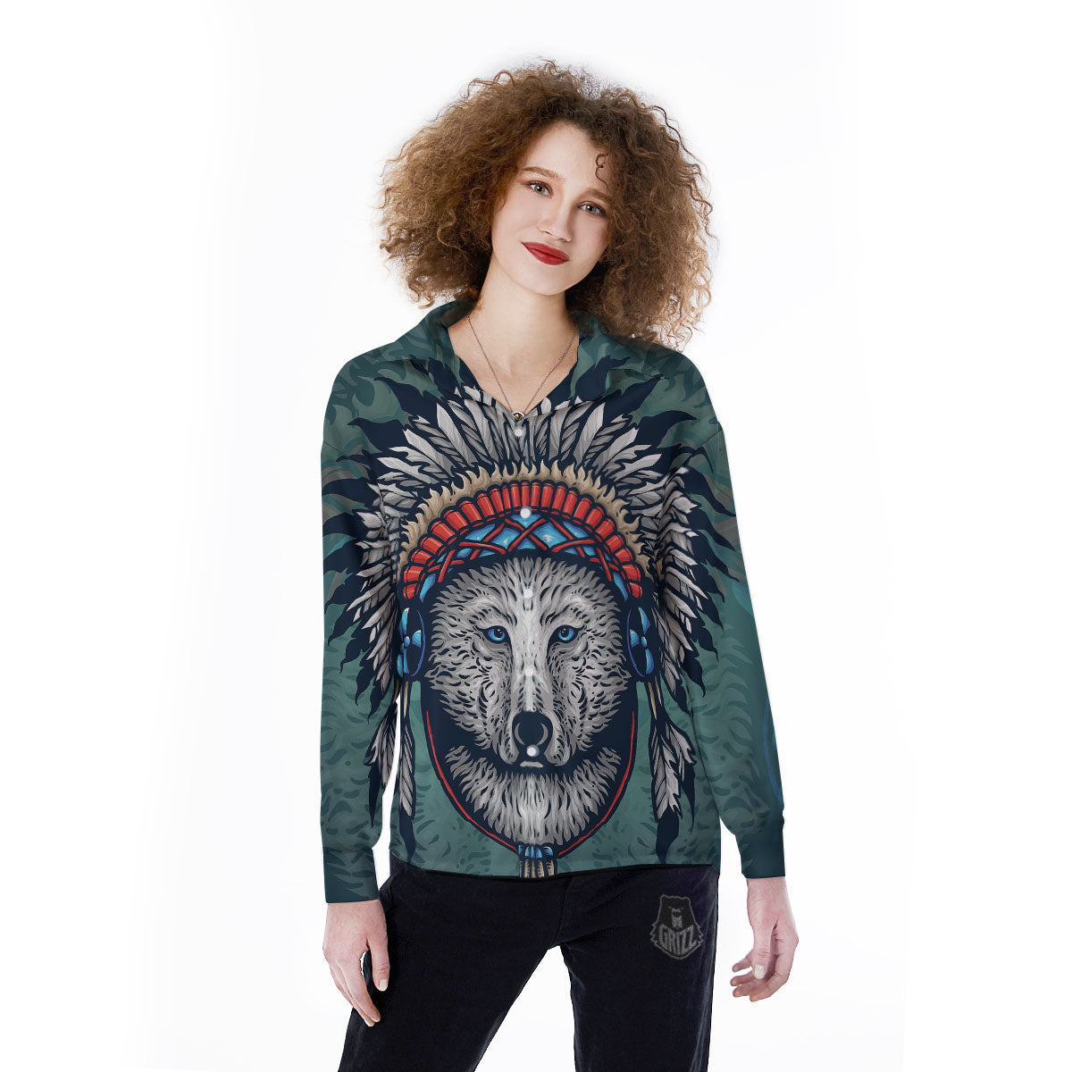 Spirit Animal Native American Wolf Print Women's Long Sleeve Shirts-grizzshop