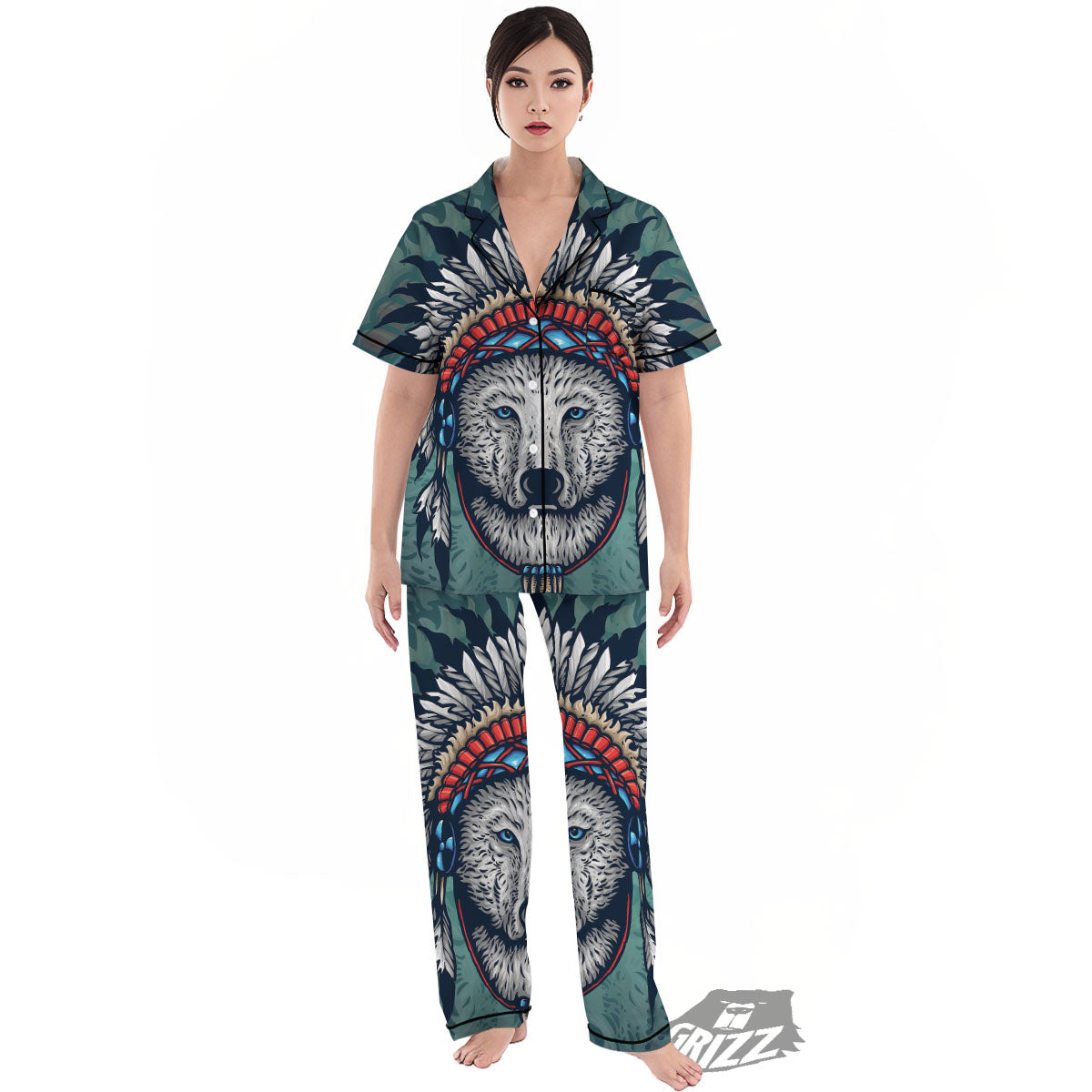 Spirit Animal Native American Wolf Print Women's Pajamas Set-grizzshop