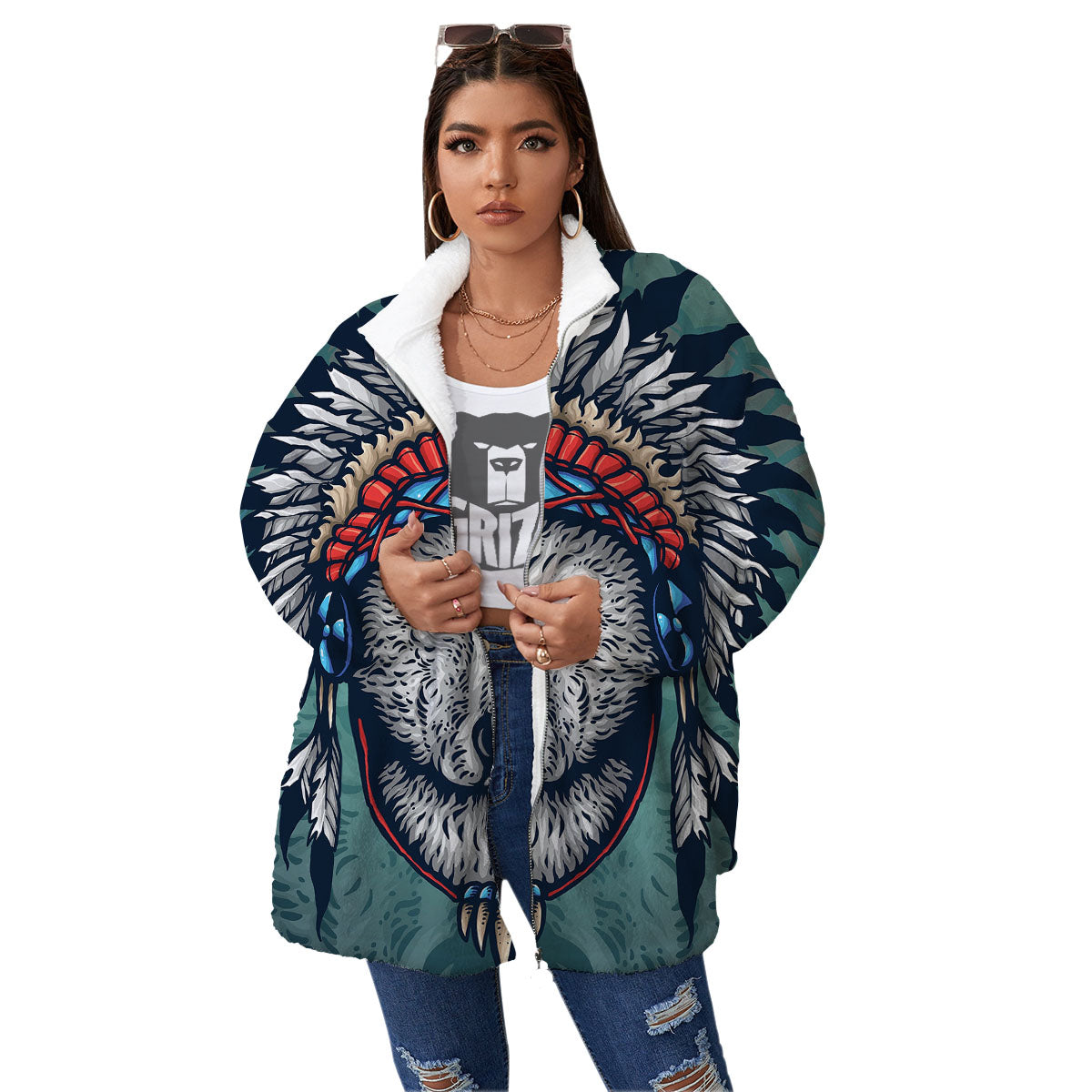 Spirit Animal Native American Wolf Print Women's Sherpa Jacket-grizzshop