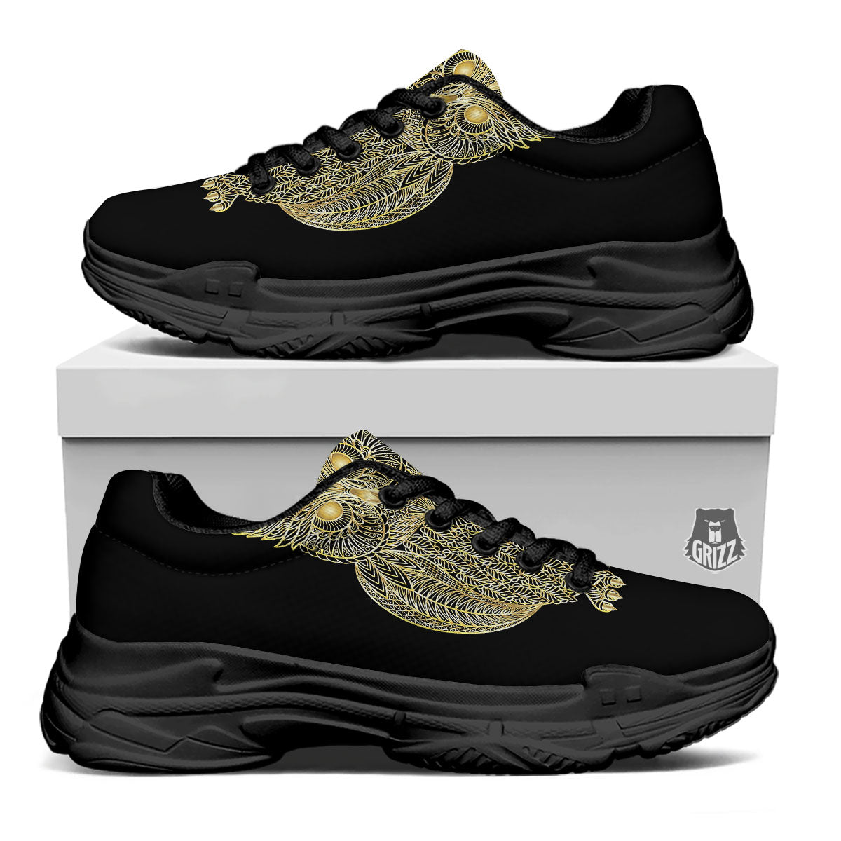 Spirit Owl Gold Print Black Chunky Shoes-grizzshop