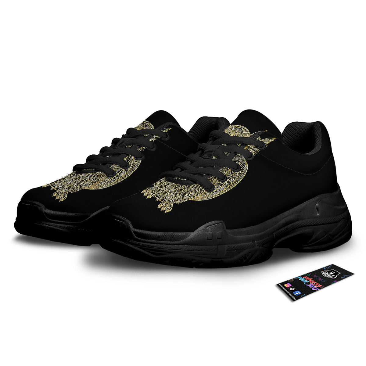 Spirit Owl Gold Print Black Chunky Shoes-grizzshop