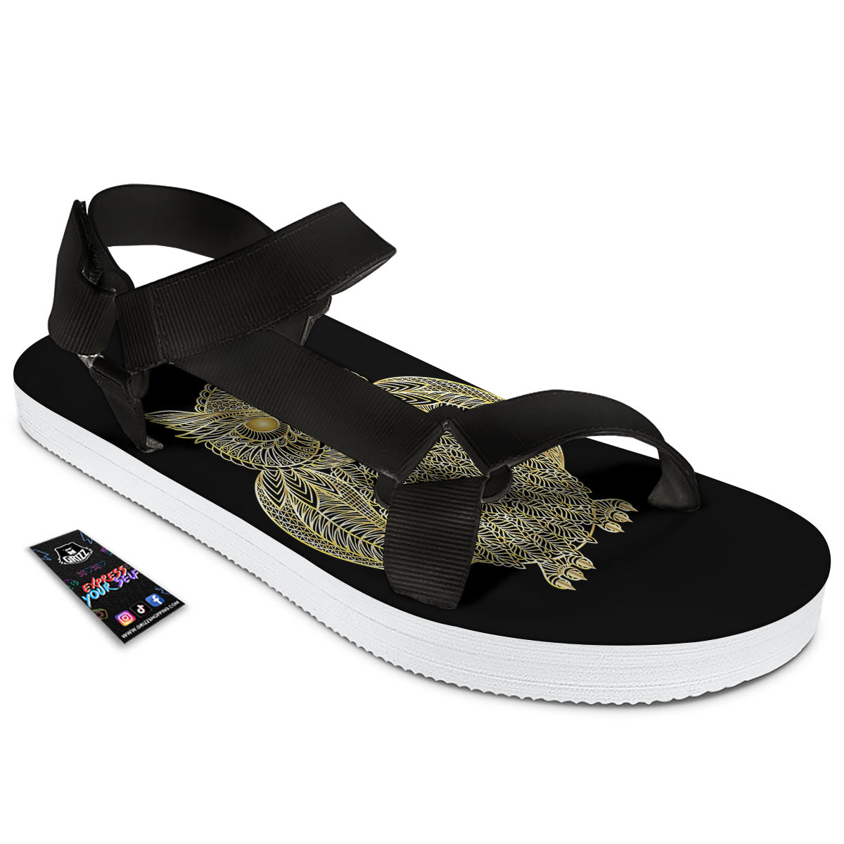 Spirit Owl Gold Print Black Open Toe Sandals-grizzshop