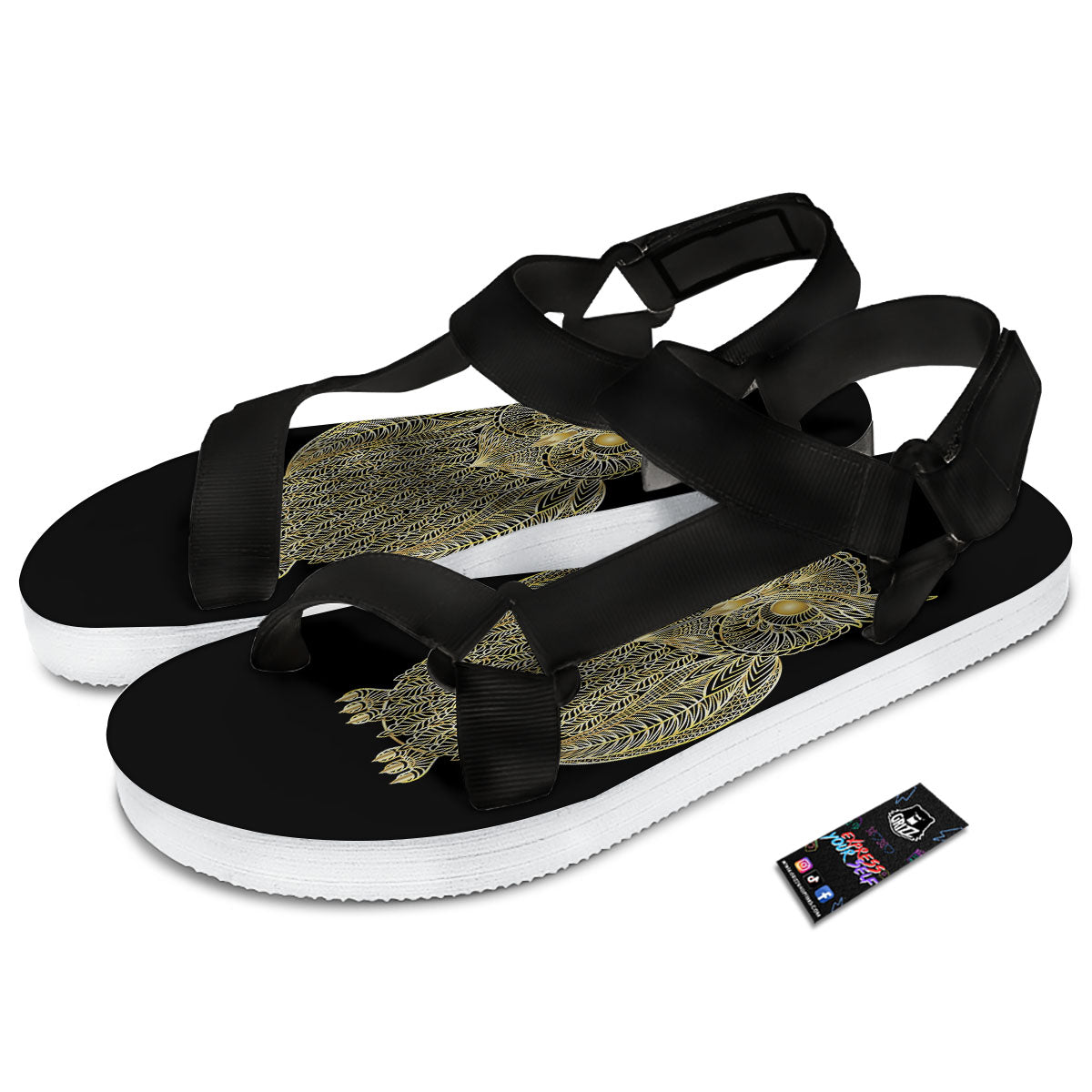 Spirit Owl Gold Print Black Open Toe Sandals-grizzshop
