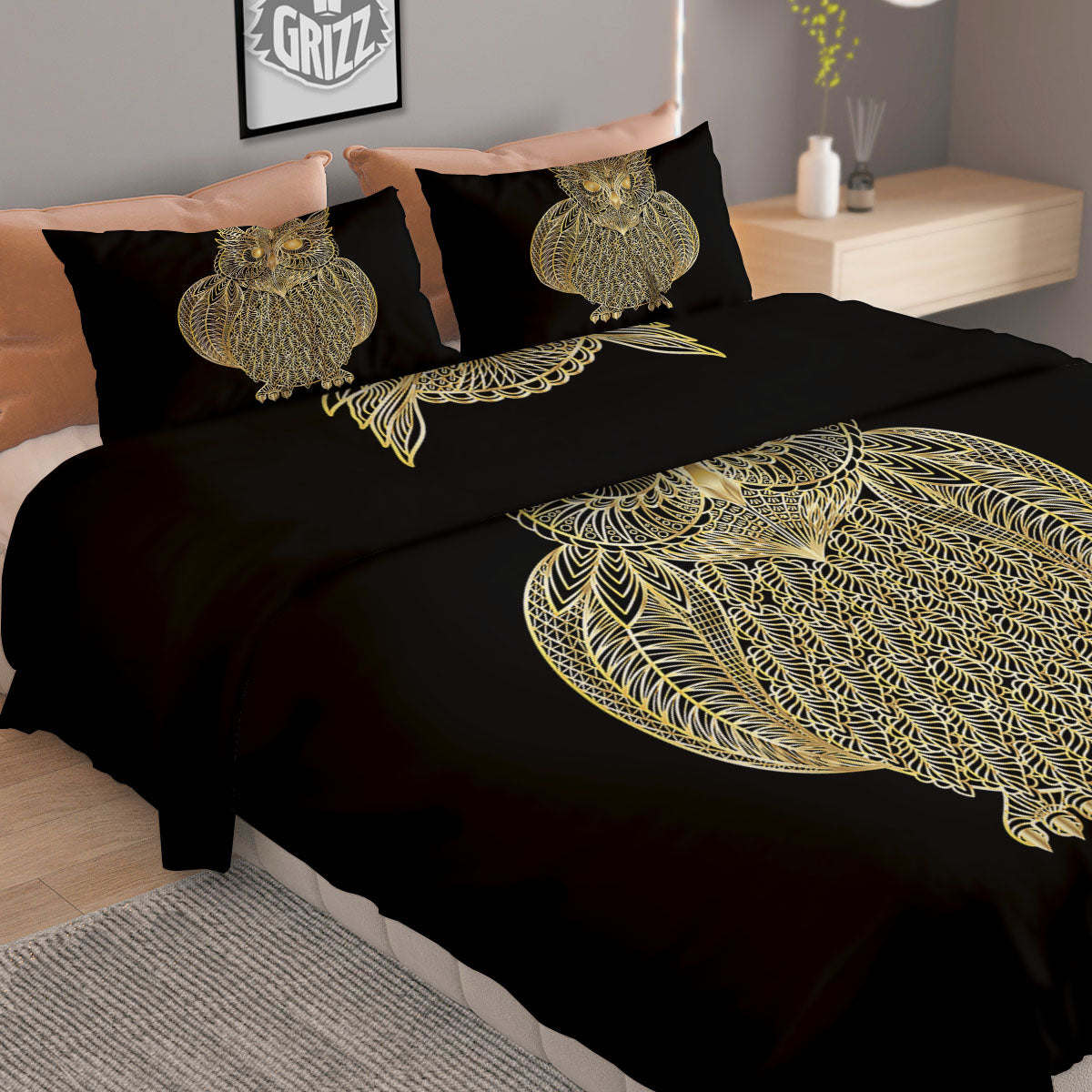 Spirit Owl Gold Print Duvet Cover Bedding Set