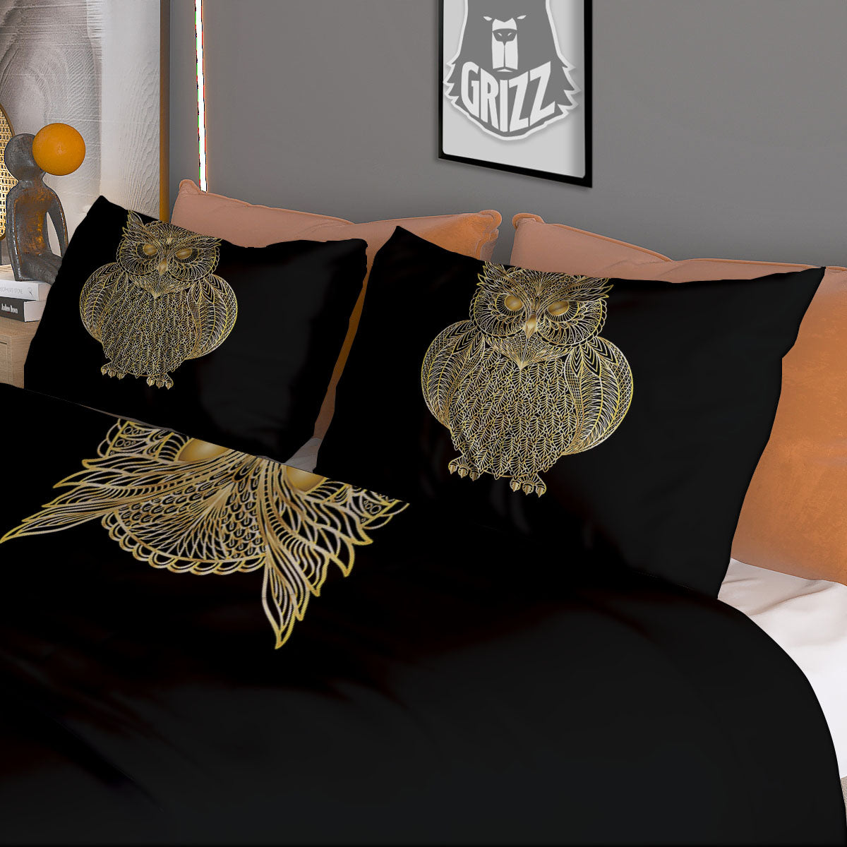 Spirit Owl Gold Print Duvet Cover Bedding Set