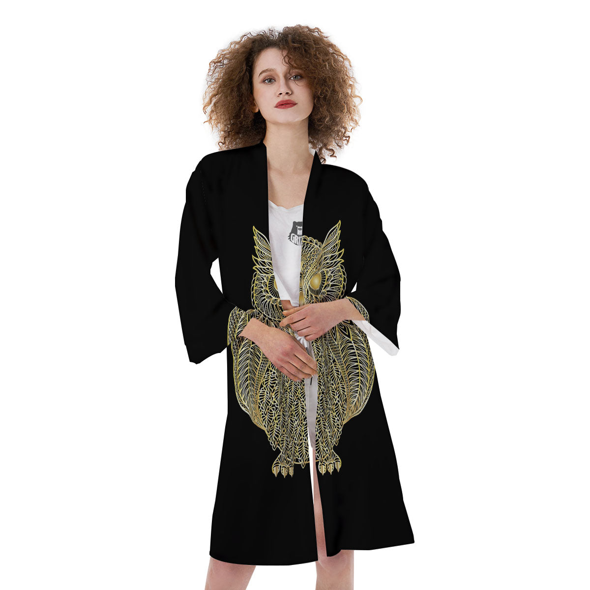 Spirit Owl Gold Print Kimono-grizzshop
