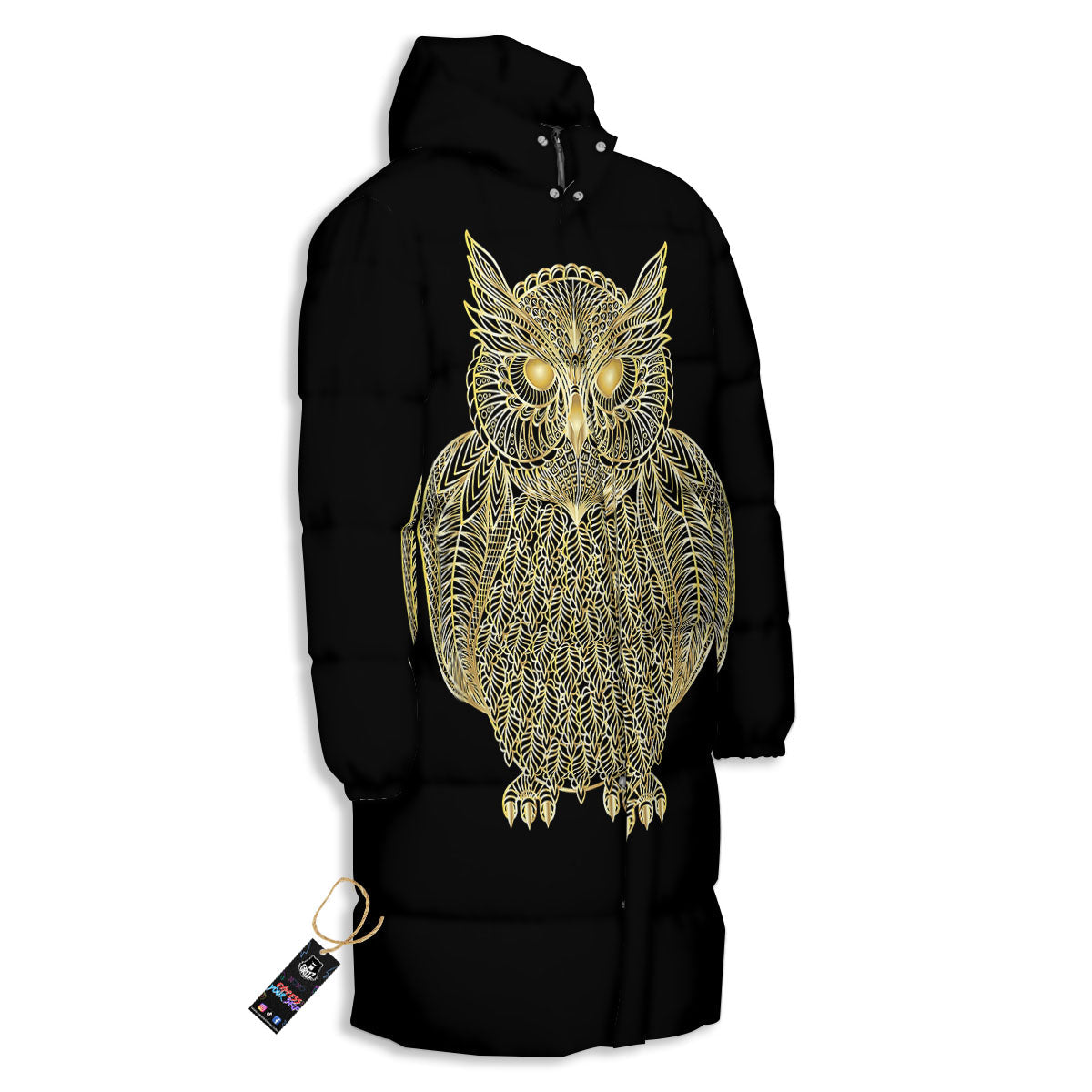 Spirit Owl Gold Print Long Down Jacket-grizzshop