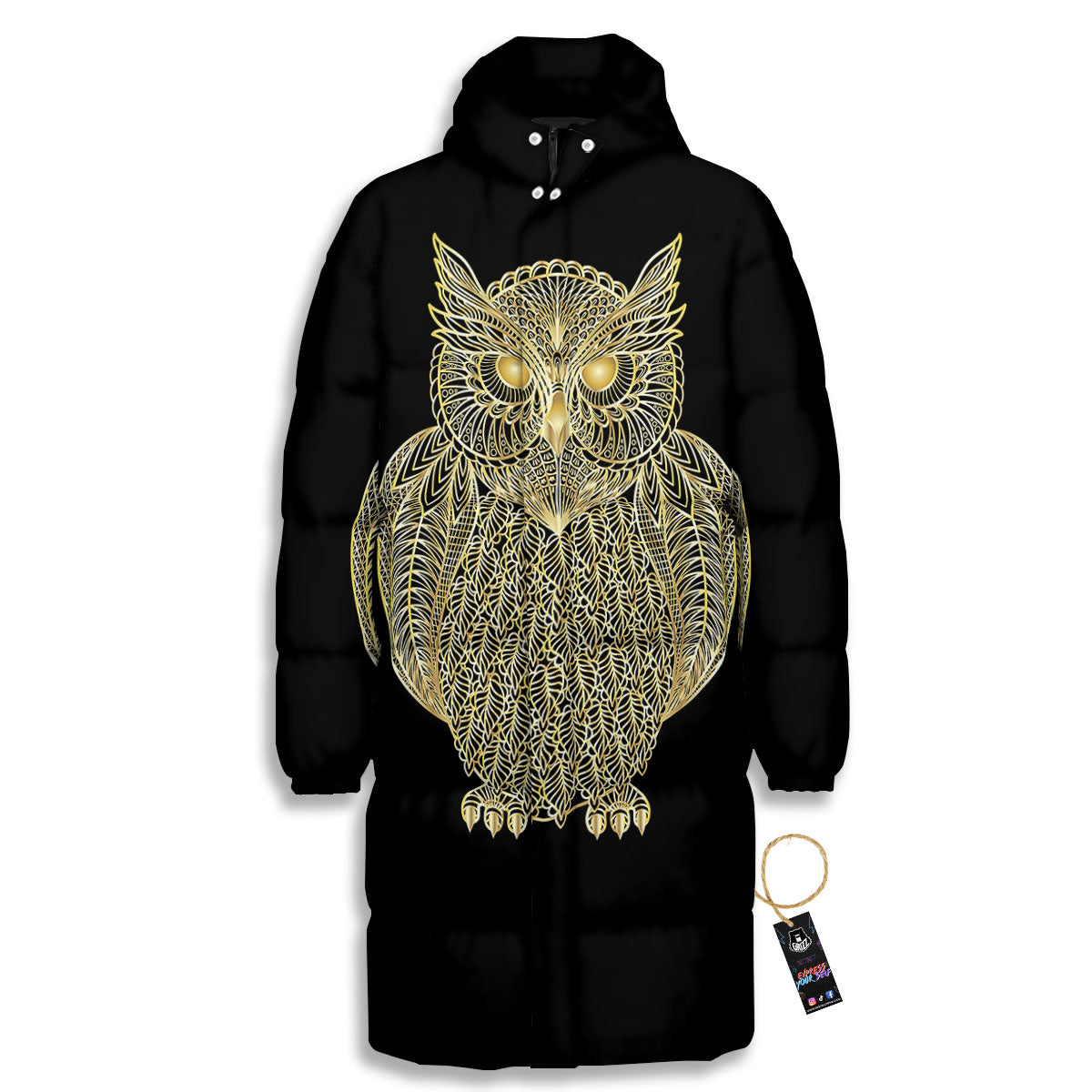 Spirit Owl Gold Print Long Down Jacket-grizzshop