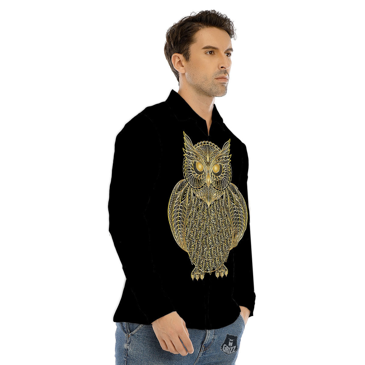 Spirit Owl Gold Print Men's Dress Shirts-grizzshop