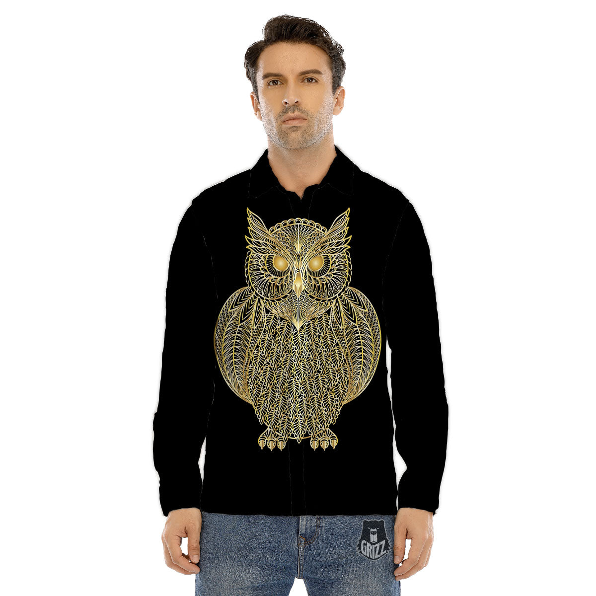 Spirit Owl Gold Print Men's Dress Shirts-grizzshop