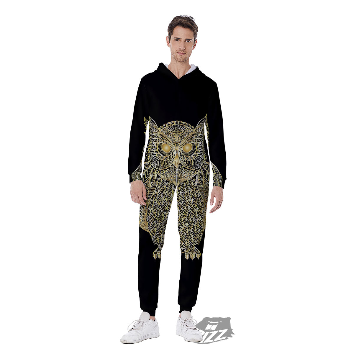 Spirit Owl Gold Print Men's Jumpsuit-grizzshop