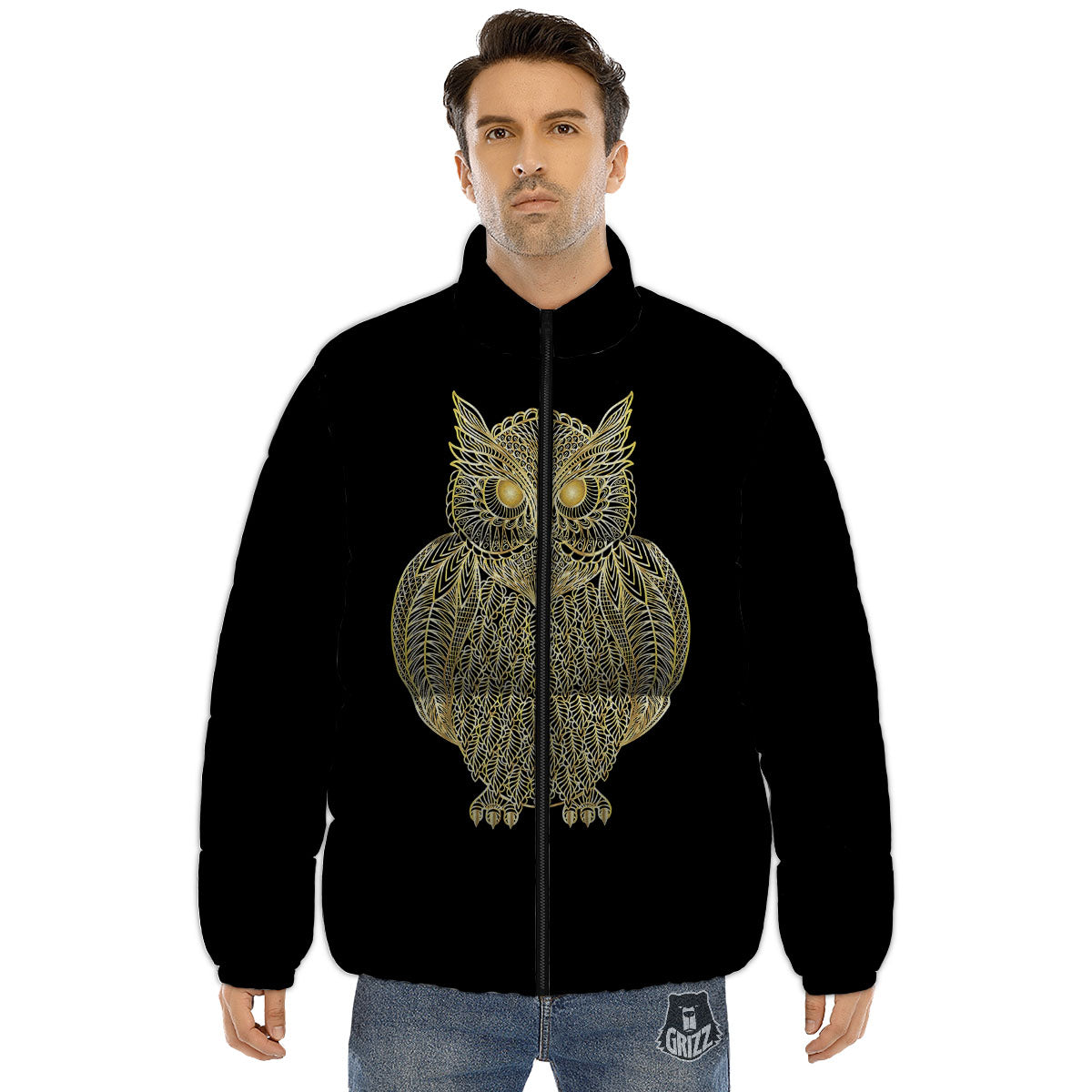 Spirit Owl Gold Print Puffer Jacket-grizzshop