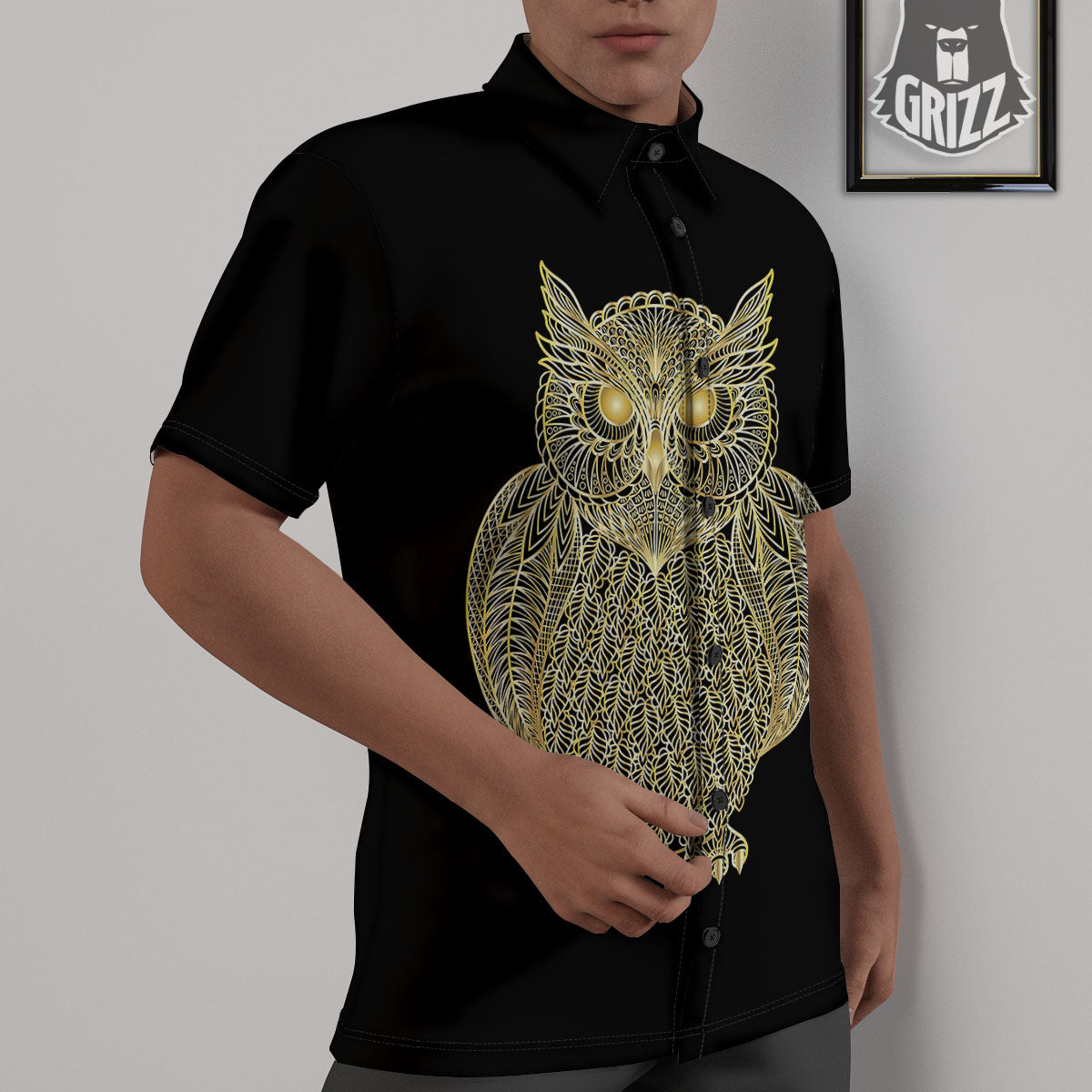 Spirit Owl Gold Print Untucked Shirts-grizzshop