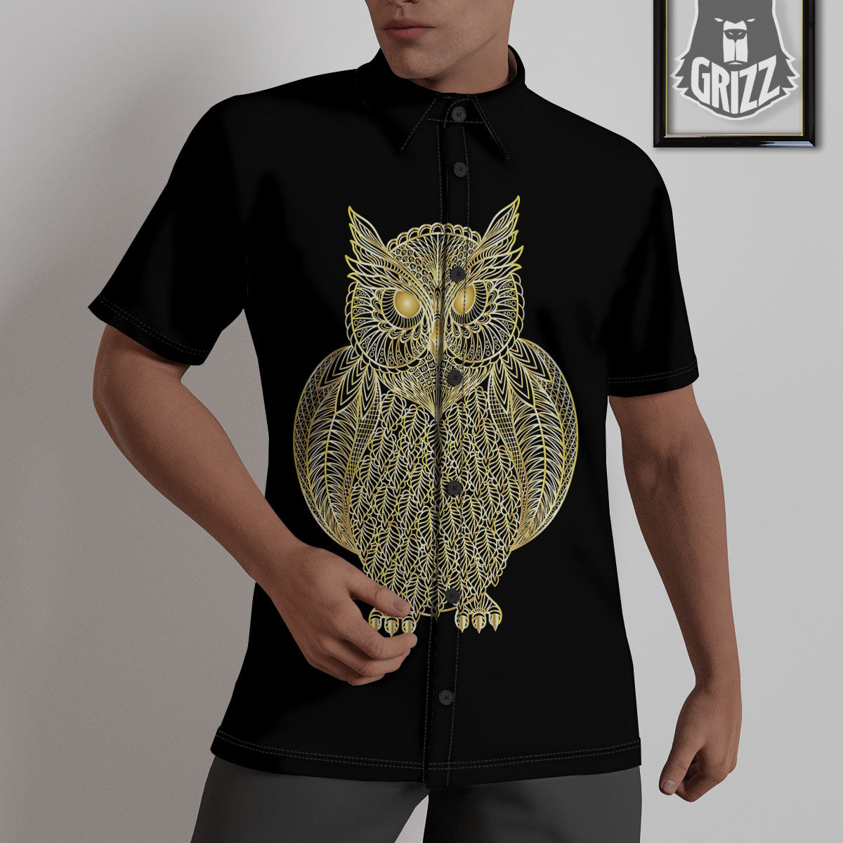 Spirit Owl Gold Print Untucked Shirts-grizzshop