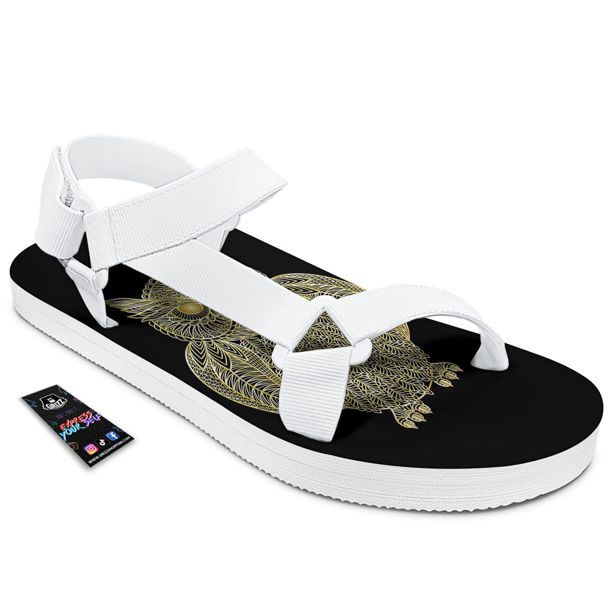 Spirit Owl Gold Print White Open Toe Sandals-grizzshop