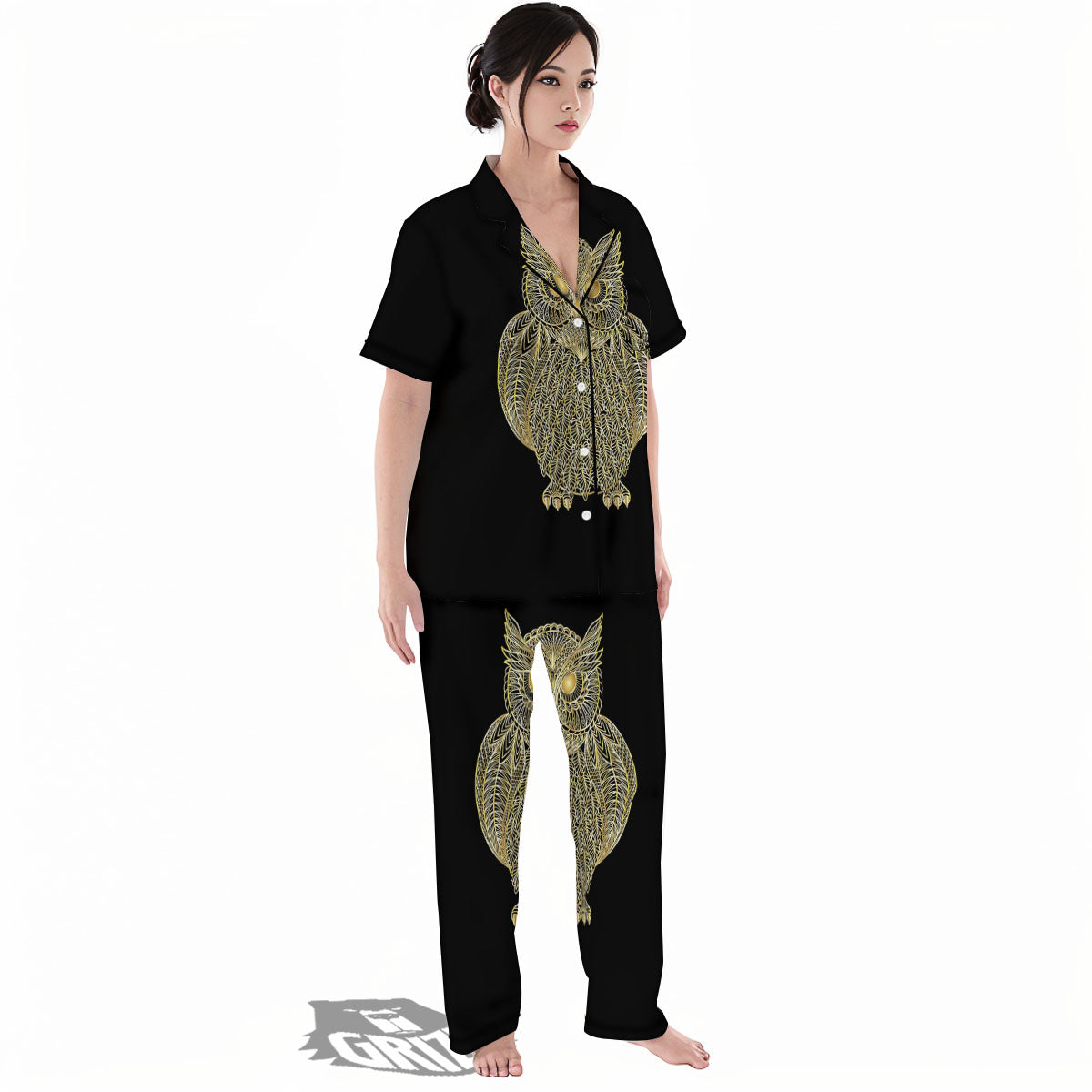 Spirit Owl Gold Print Women's Pajamas Set-grizzshop