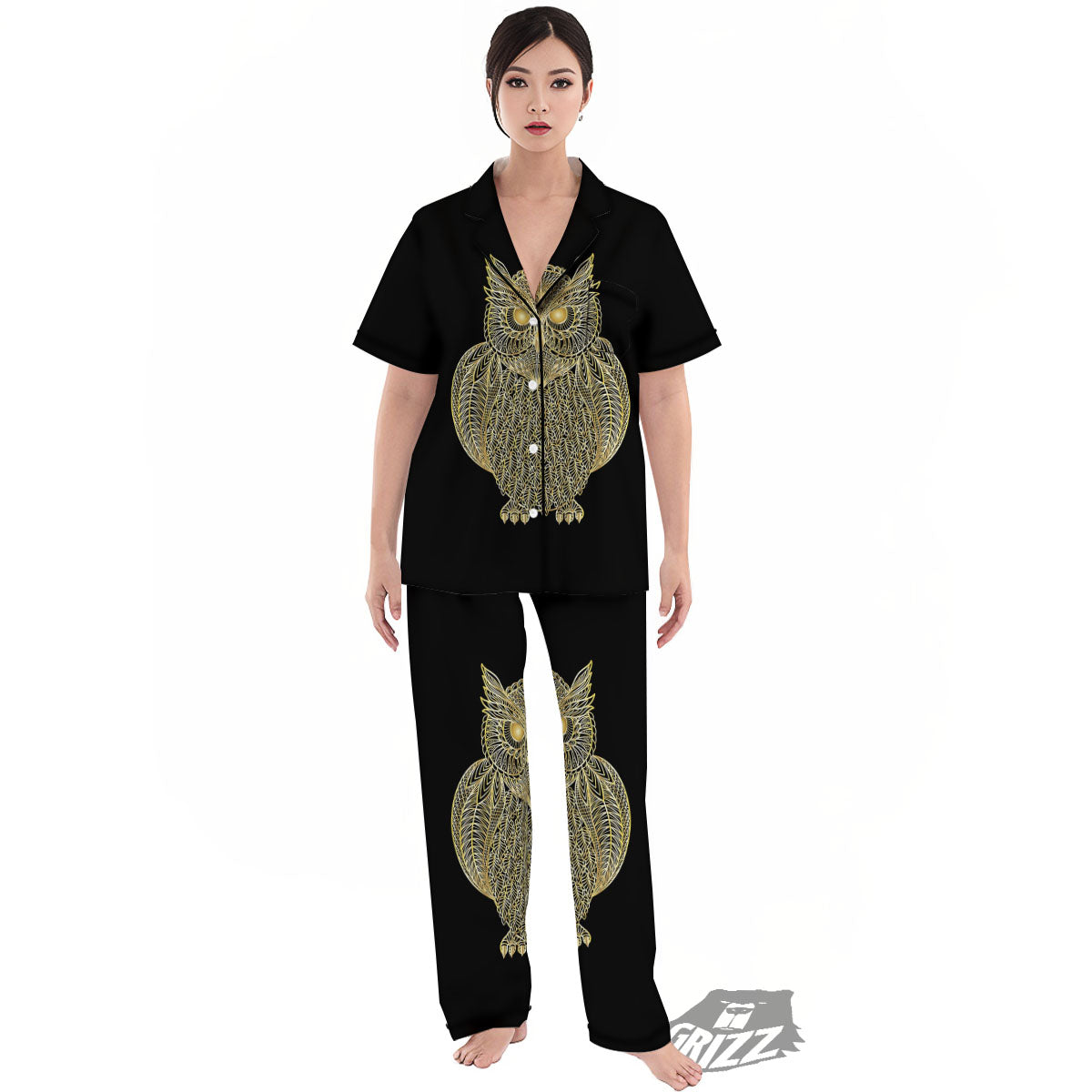 Spirit Owl Gold Print Women's Pajamas Set-grizzshop