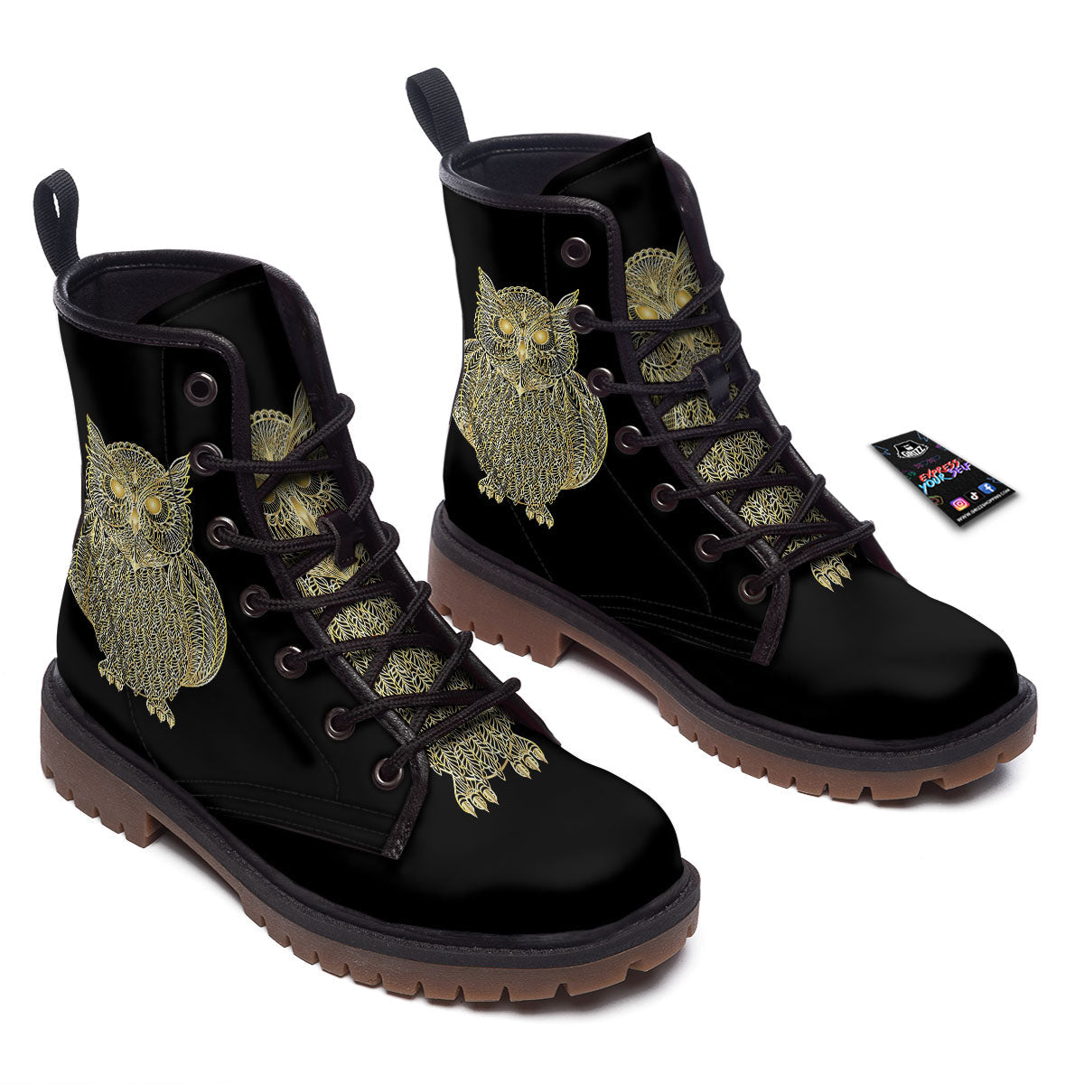 Spirit Owl Gold Print Work Boots-grizzshop