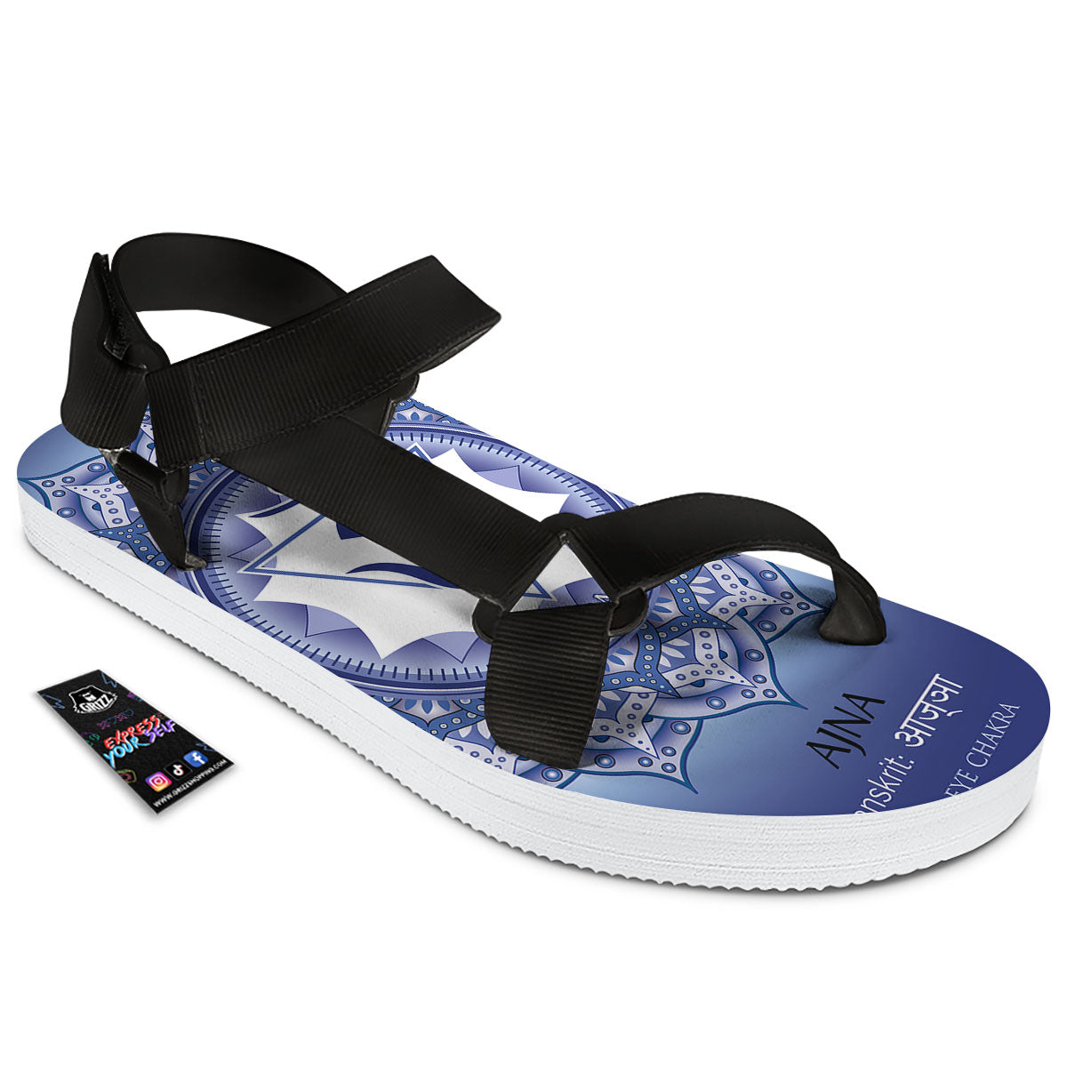 Spiritual Ajna Chakra Print Black Open Toe Sandals-grizzshop