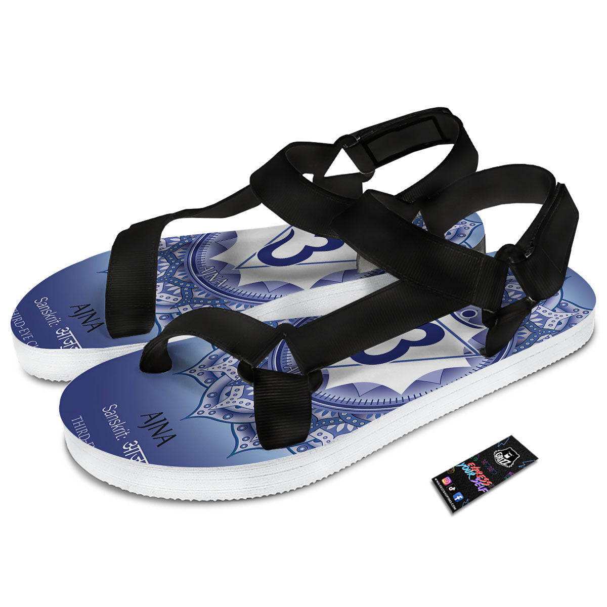 Spiritual Ajna Chakra Print Black Open Toe Sandals-grizzshop