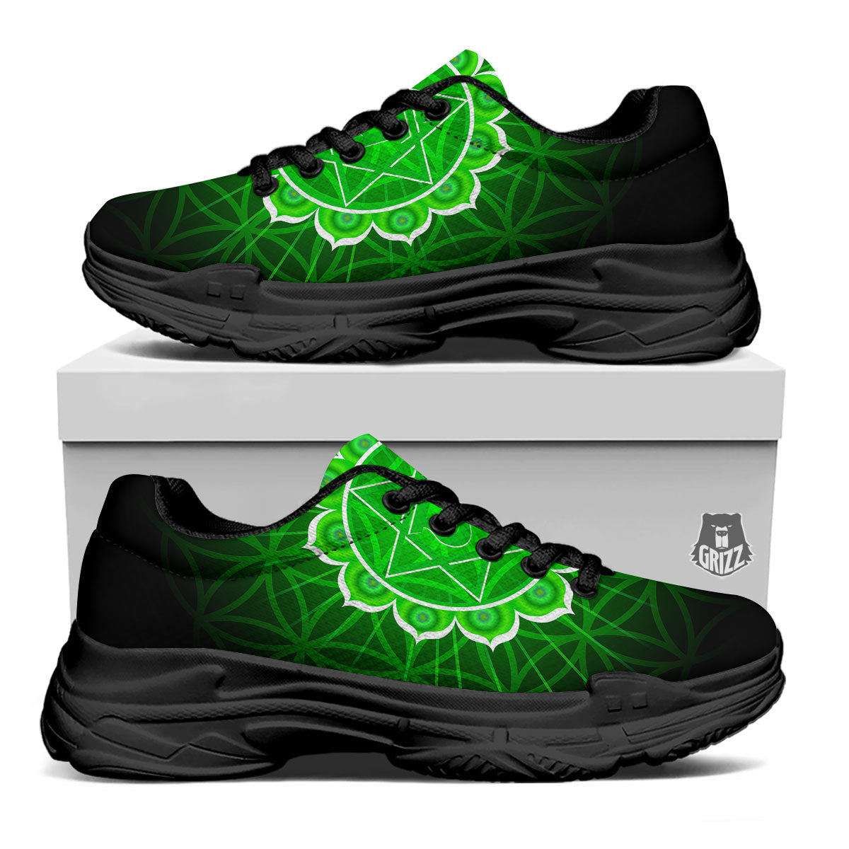 Spiritual Anahata Chakra Print Black Chunky Shoes-grizzshop