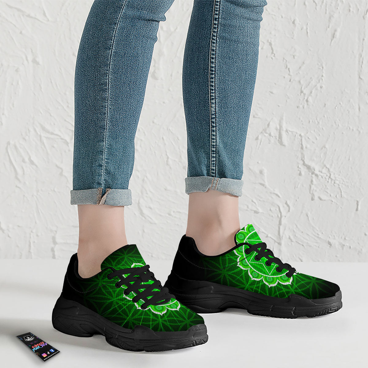 Spiritual Anahata Chakra Print Black Chunky Shoes-grizzshop