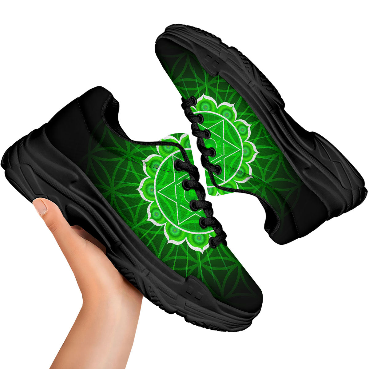 Spiritual Anahata Chakra Print Black Chunky Shoes-grizzshop