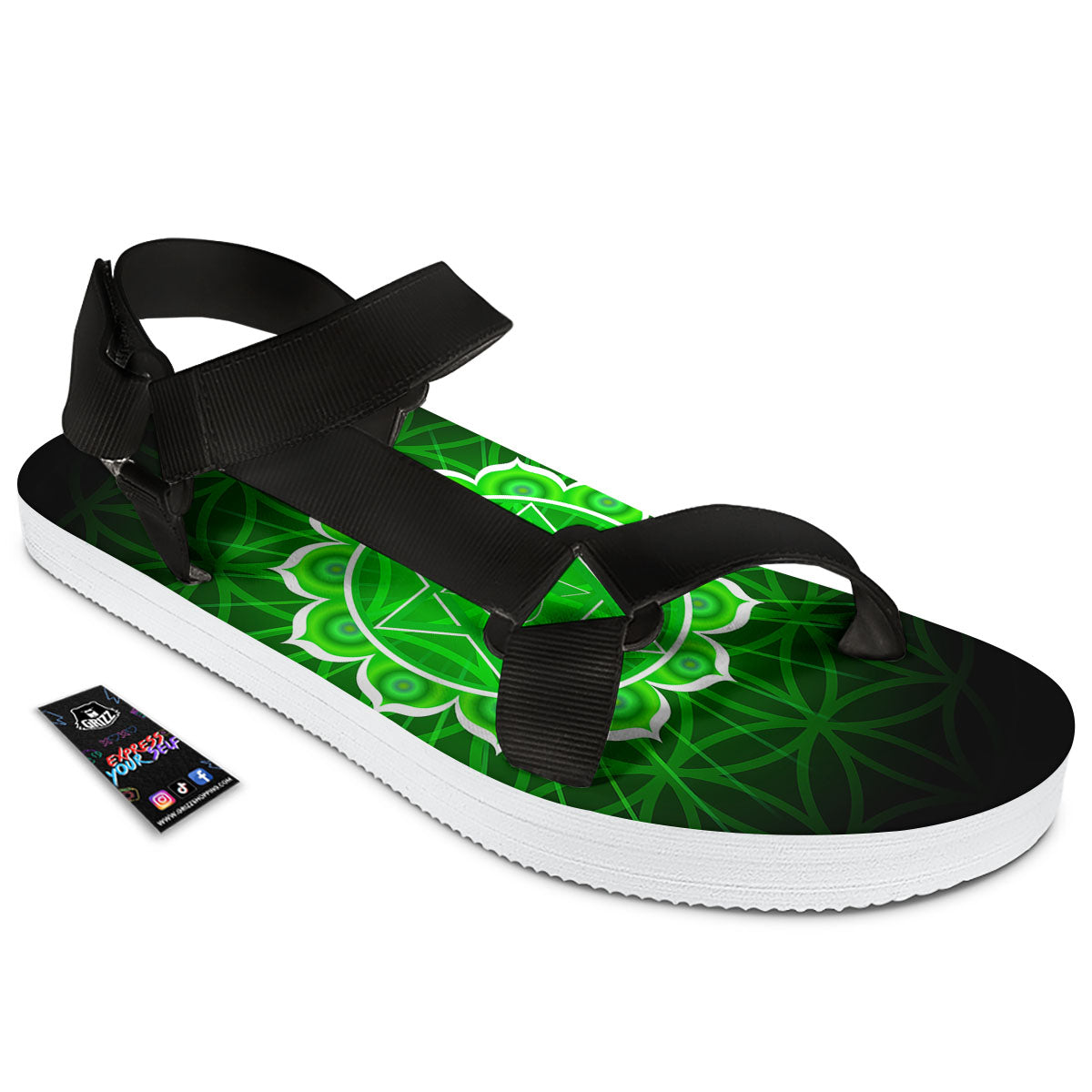 Spiritual Anahata Chakra Print Black Open Toe Sandals-grizzshop