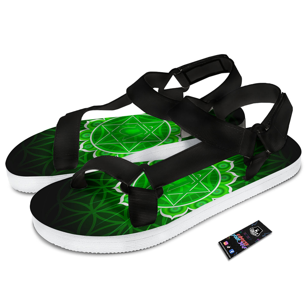Spiritual Anahata Chakra Print Black Open Toe Sandals-grizzshop