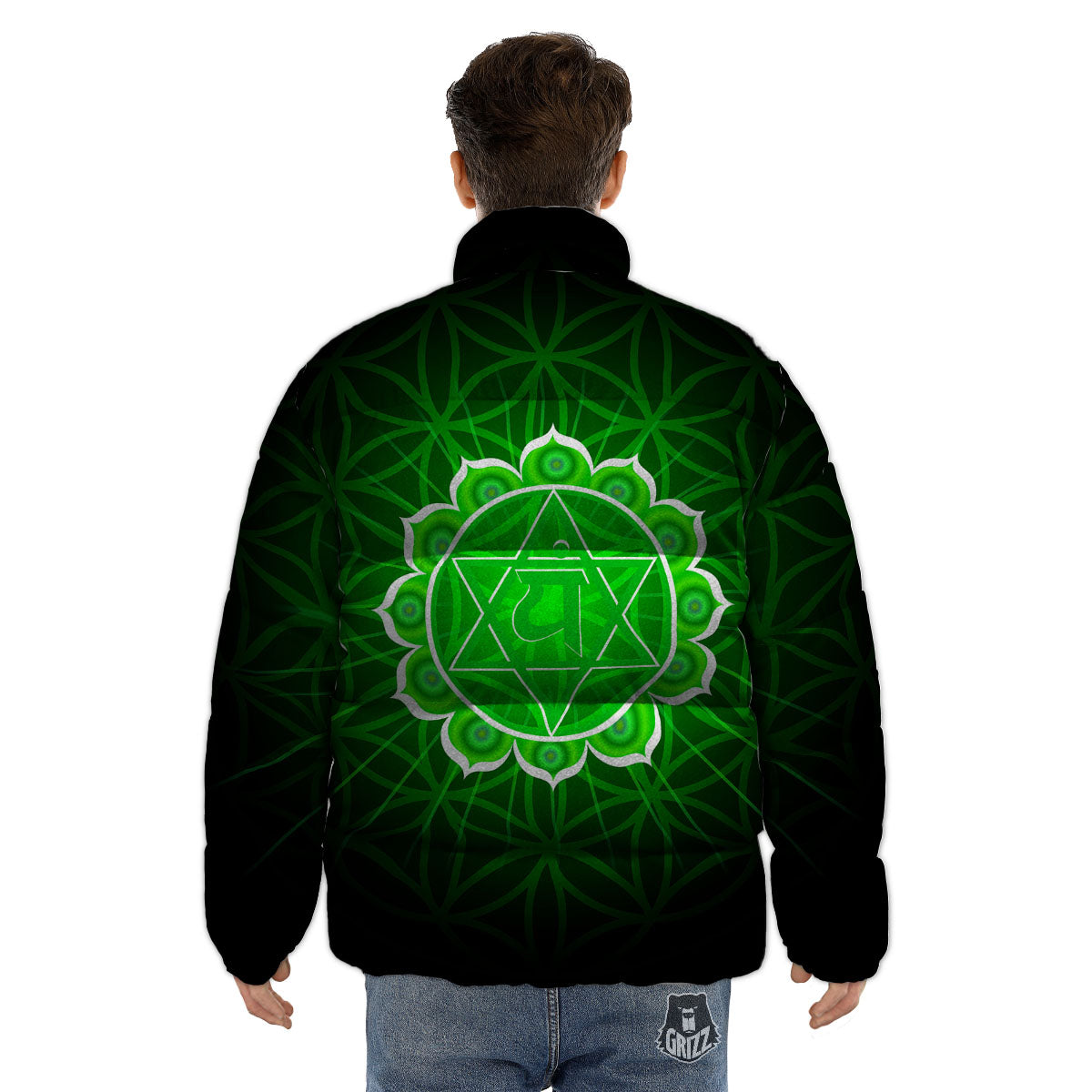 Spiritual Anahata Chakra Print Puffer Jacket-grizzshop
