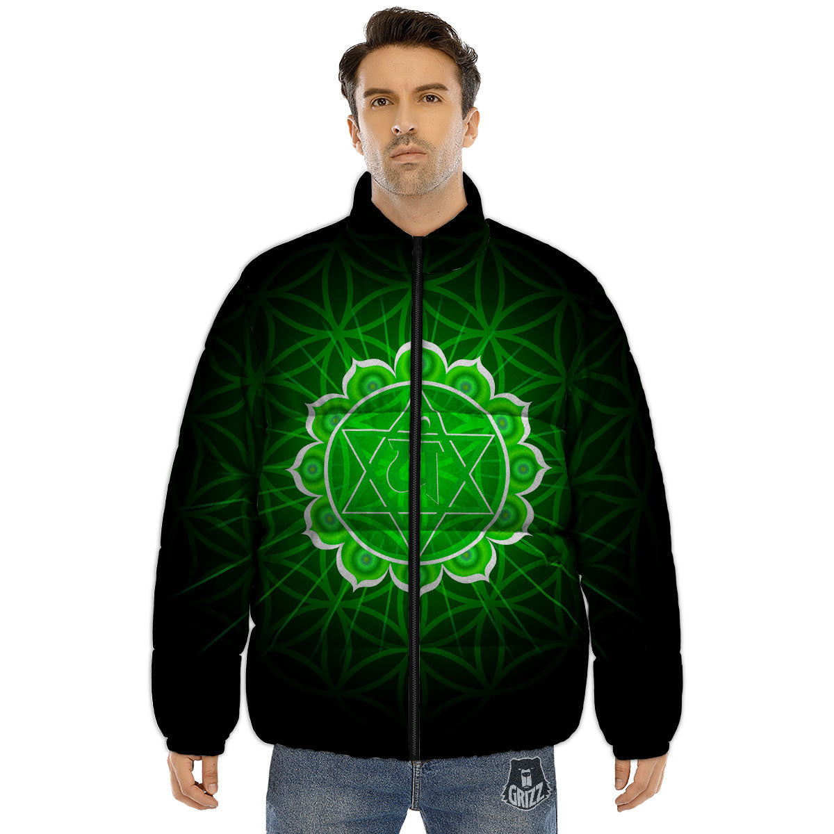Spiritual Anahata Chakra Print Puffer Jacket-grizzshop