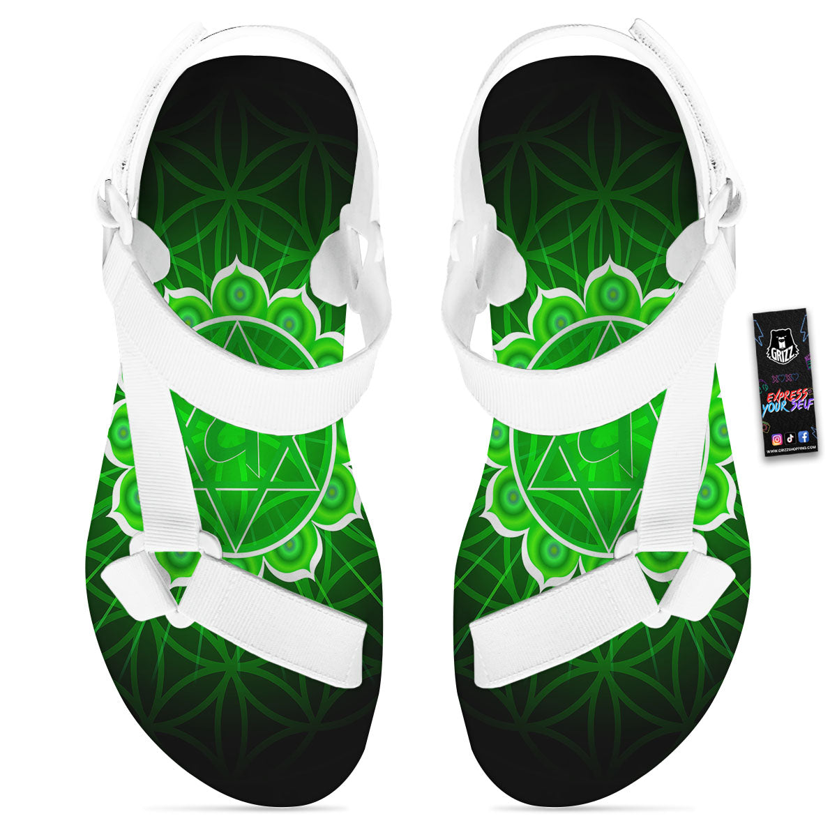Spiritual Anahata Chakra Print White Open Toe Sandals-grizzshop