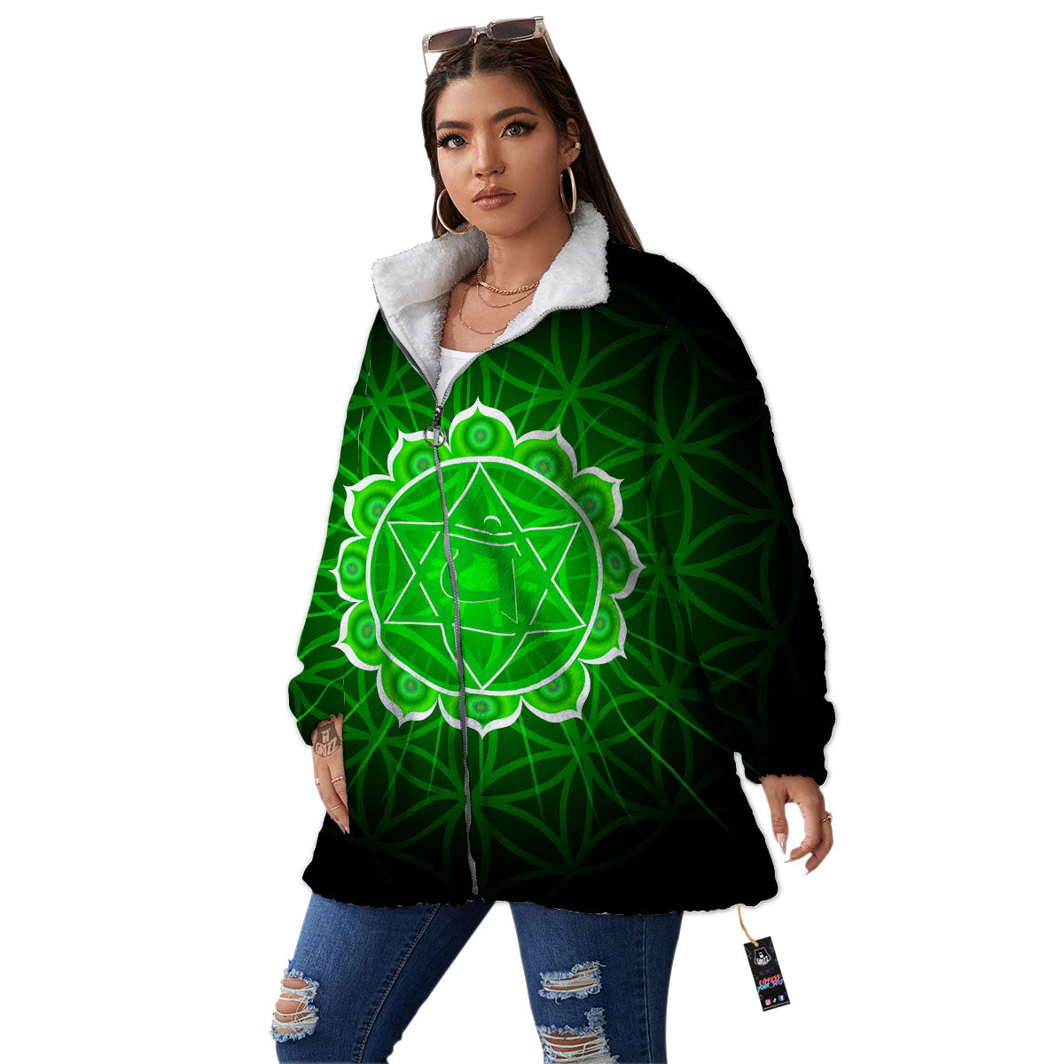 Spiritual Anahata Chakra Print Women's Sherpa Jacket-grizzshop