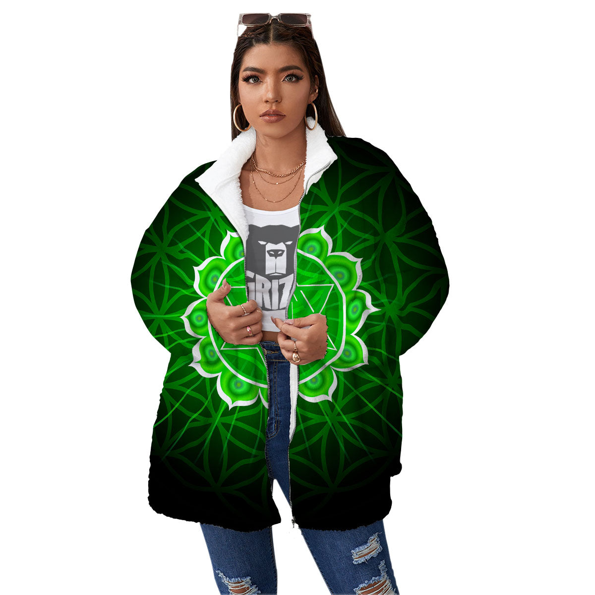 Spiritual Anahata Chakra Print Women's Sherpa Jacket-grizzshop