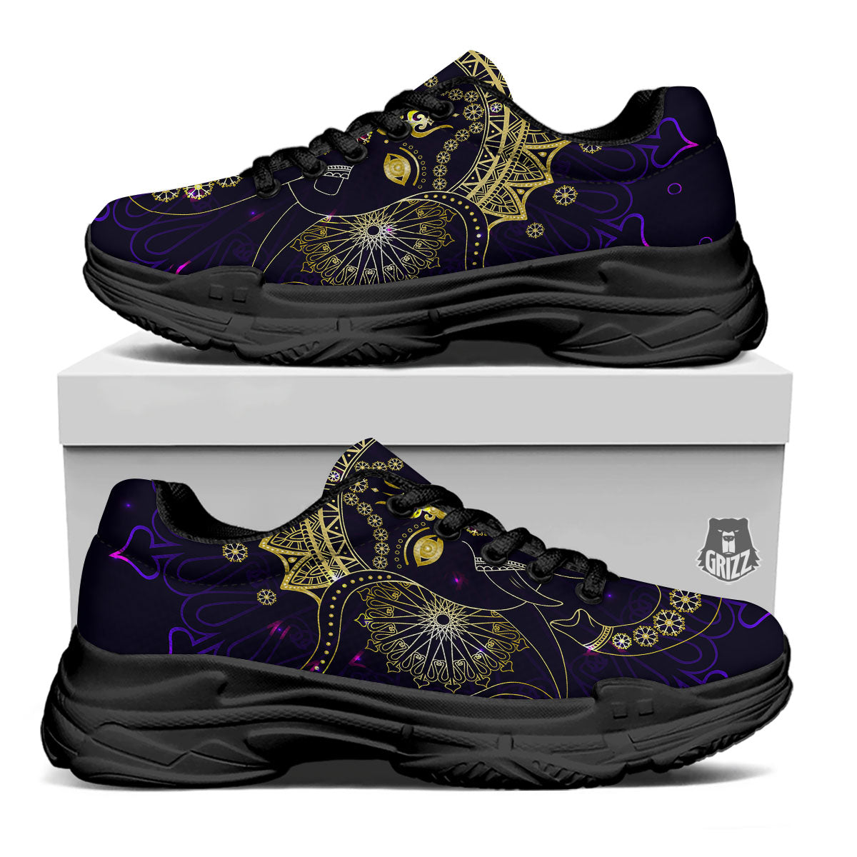 Spiritual Elephant Indian Tribal Print Black Chunky Shoes-grizzshop