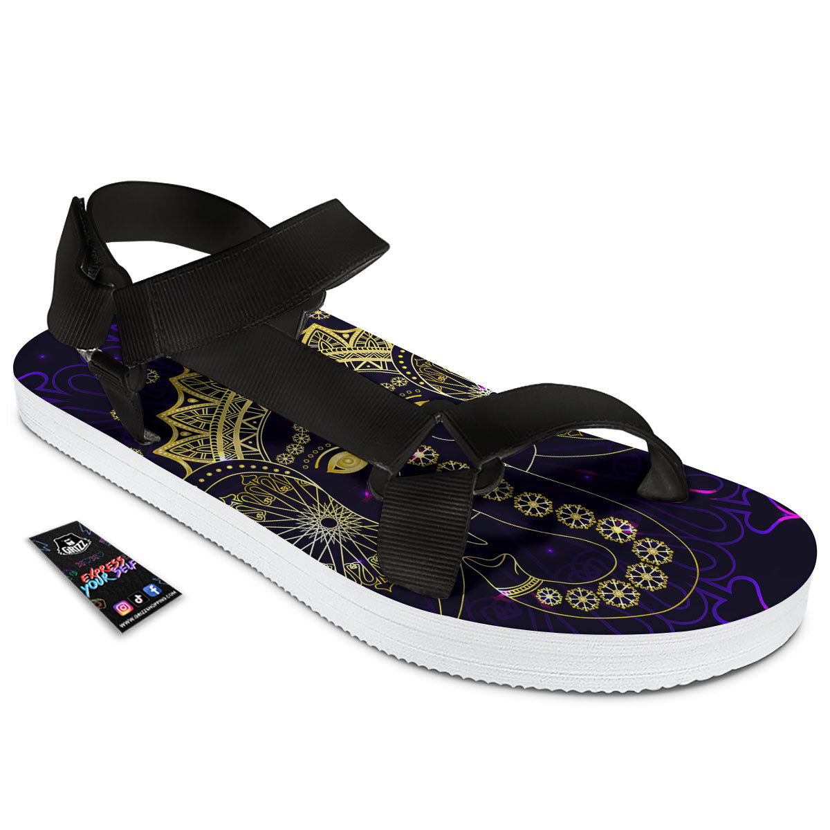 Spiritual Elephant Indian Tribal Print Black Open Toe Sandals-grizzshop