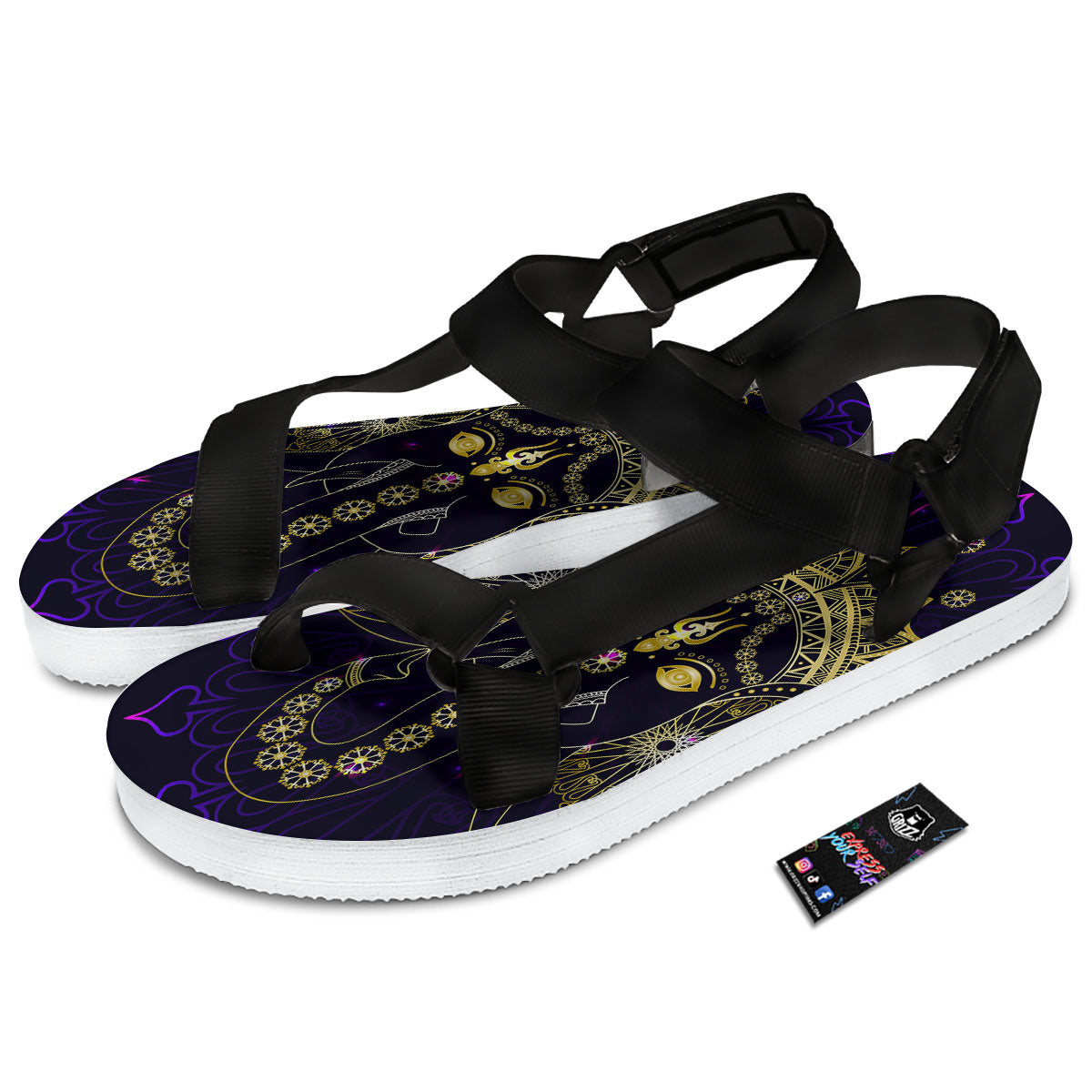 Spiritual Elephant Indian Tribal Print Black Open Toe Sandals-grizzshop