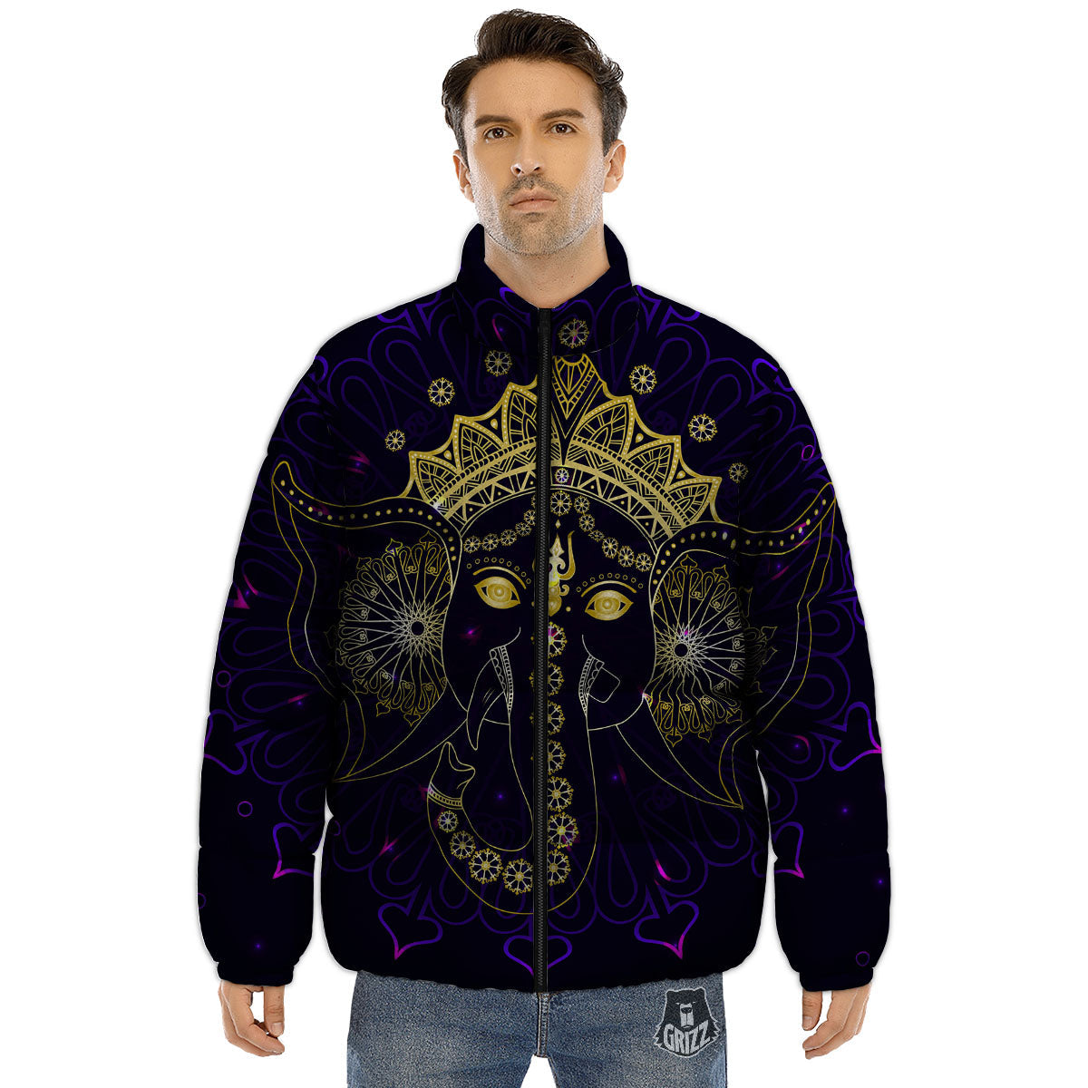 Spiritual Elephant Indian Tribal Print Puffer Jacket-grizzshop