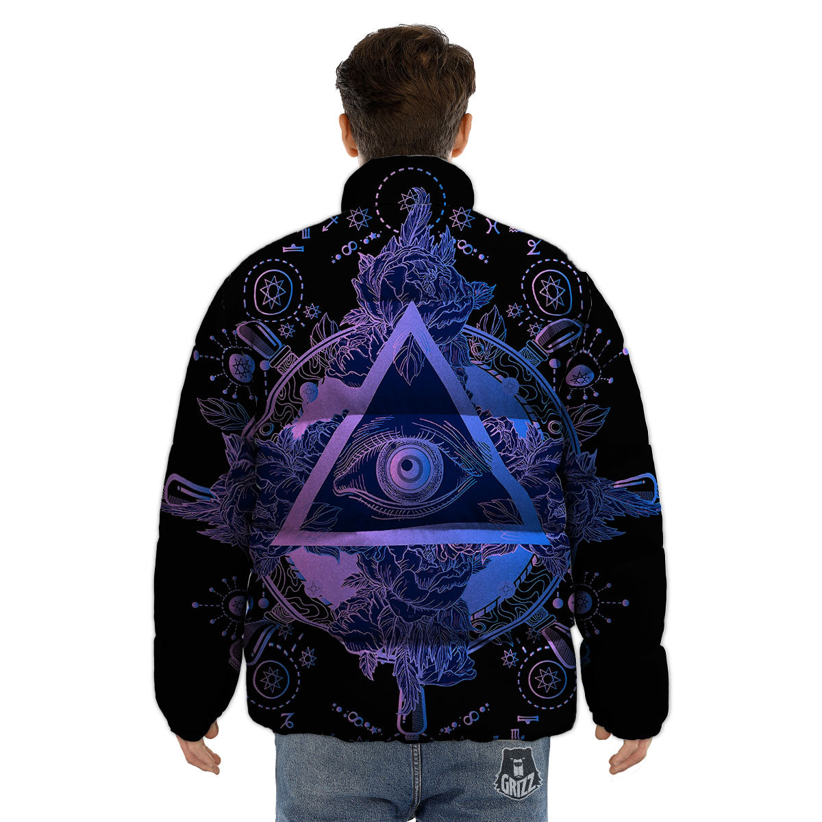 Spiritual Eye Of Providence Print Puffer Jacket-grizzshop