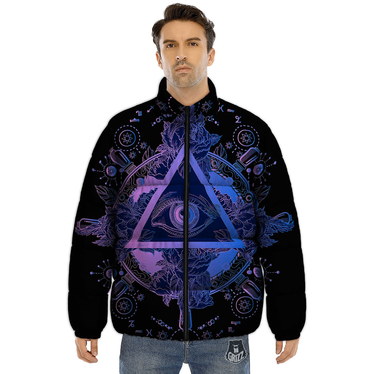 Spiritual Eye Of Providence Print Puffer Jacket-grizzshop