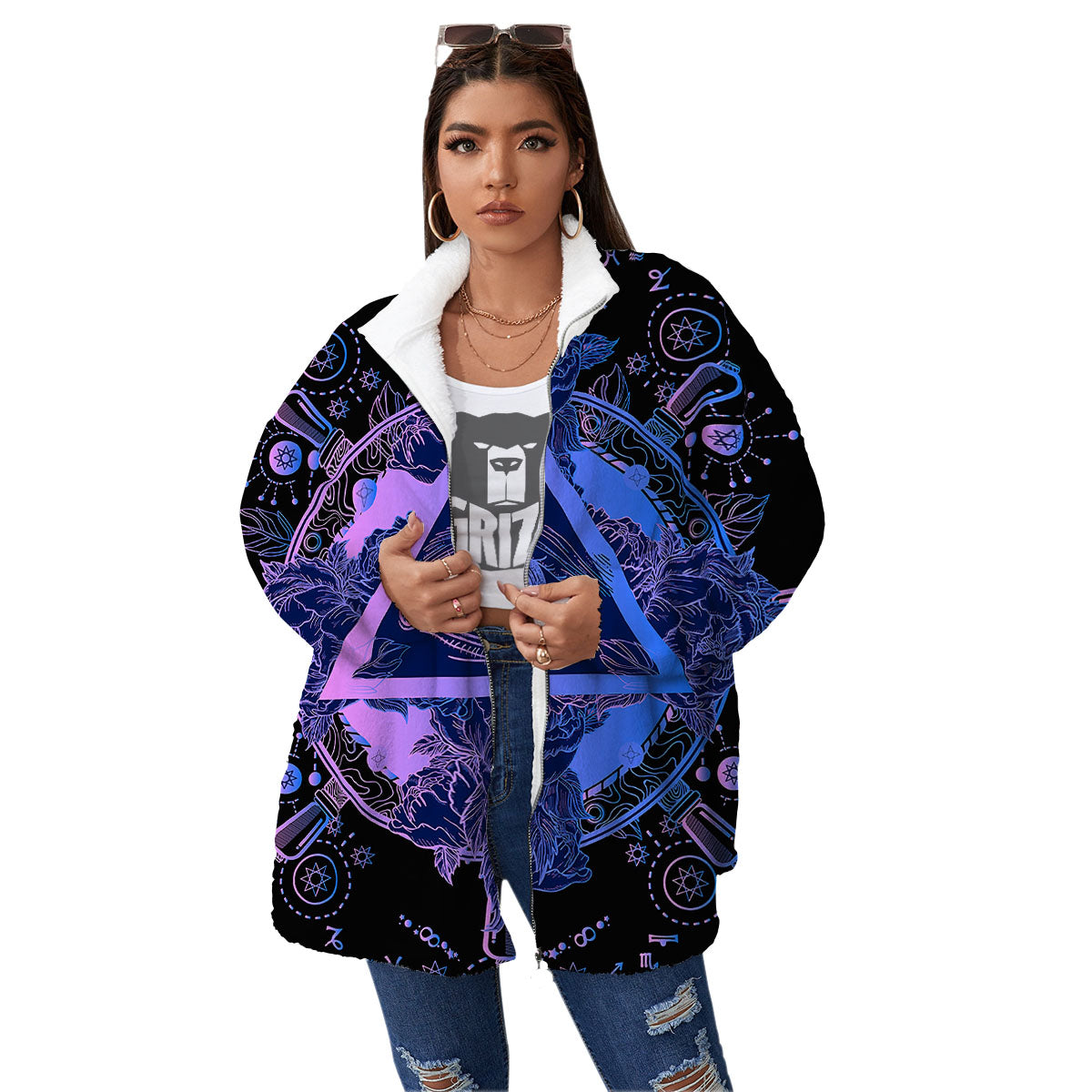 Spiritual Eye Of Providence Print Women's Sherpa Jacket-grizzshop