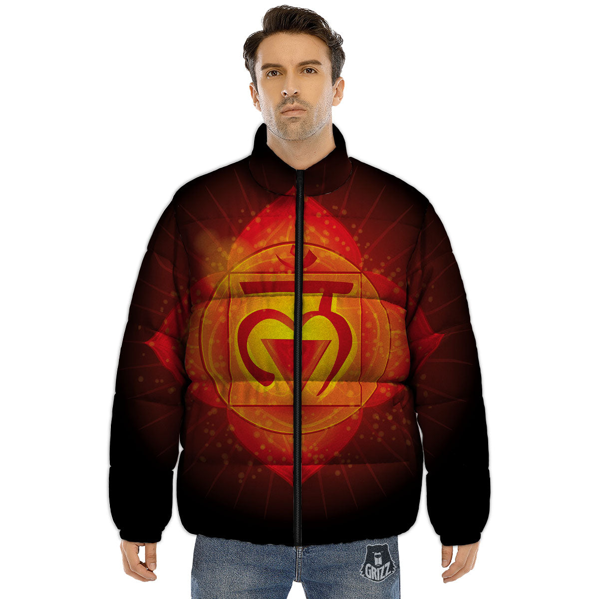 Spiritual Muladhara Chakra Print Puffer Jacket-grizzshop