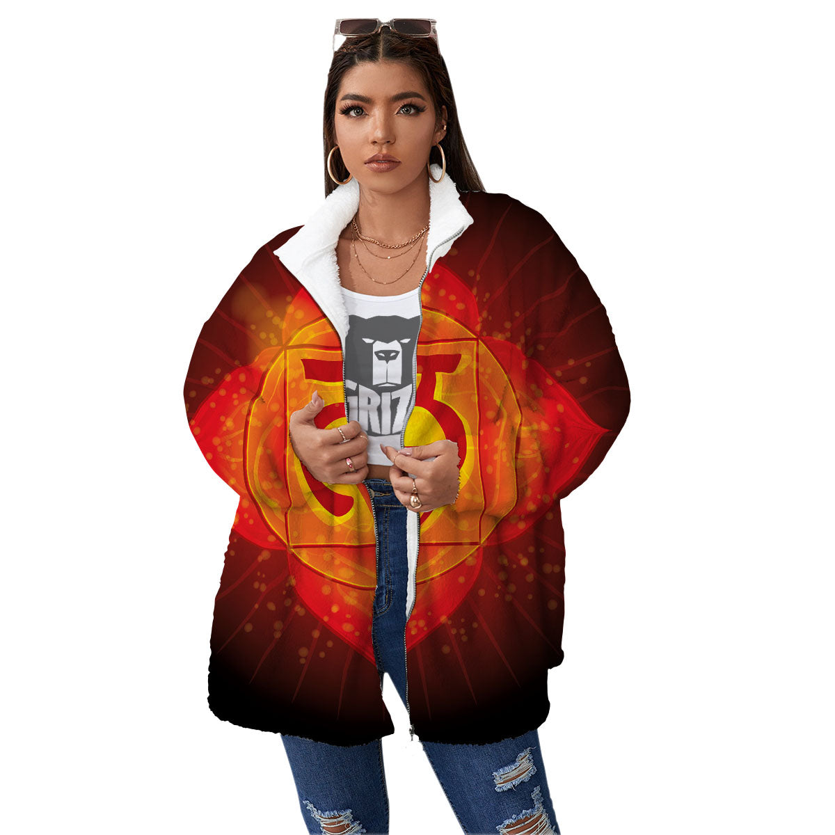 Spiritual Muladhara Chakra Print Women's Sherpa Jacket-grizzshop