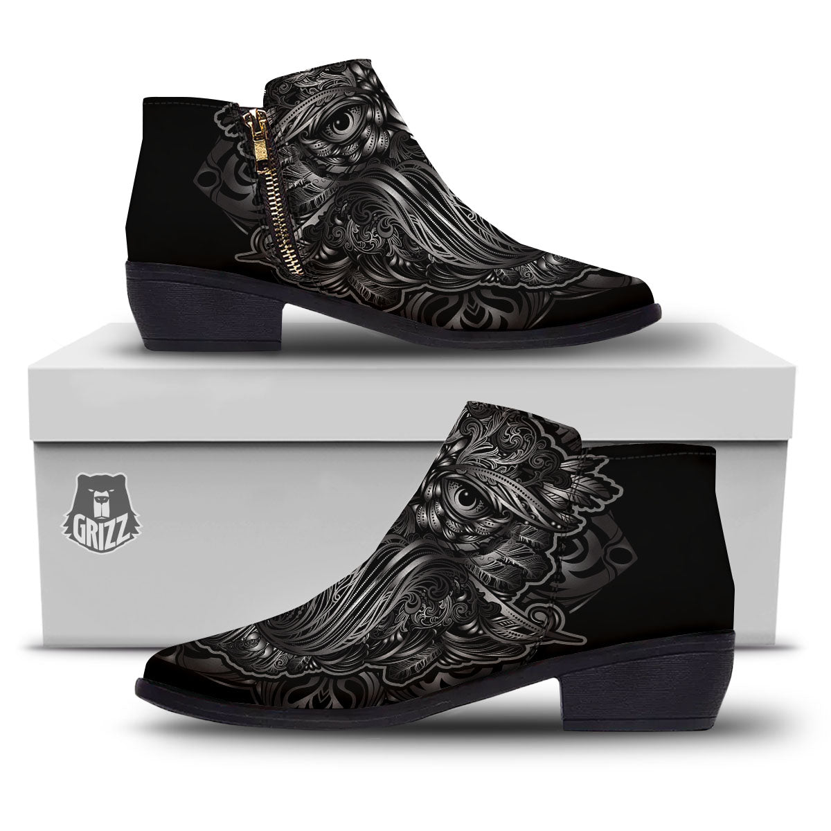 Spiritual Owl Sliver Print Ankle Boots-grizzshop