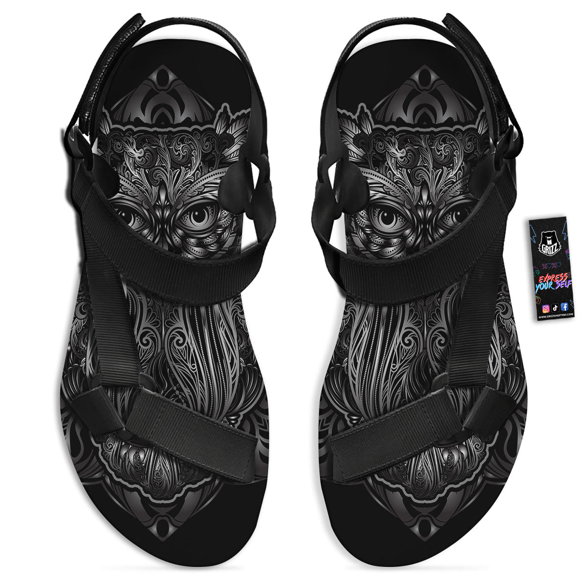 Spiritual Owl Sliver Print Black Open Toe Sandals-grizzshop